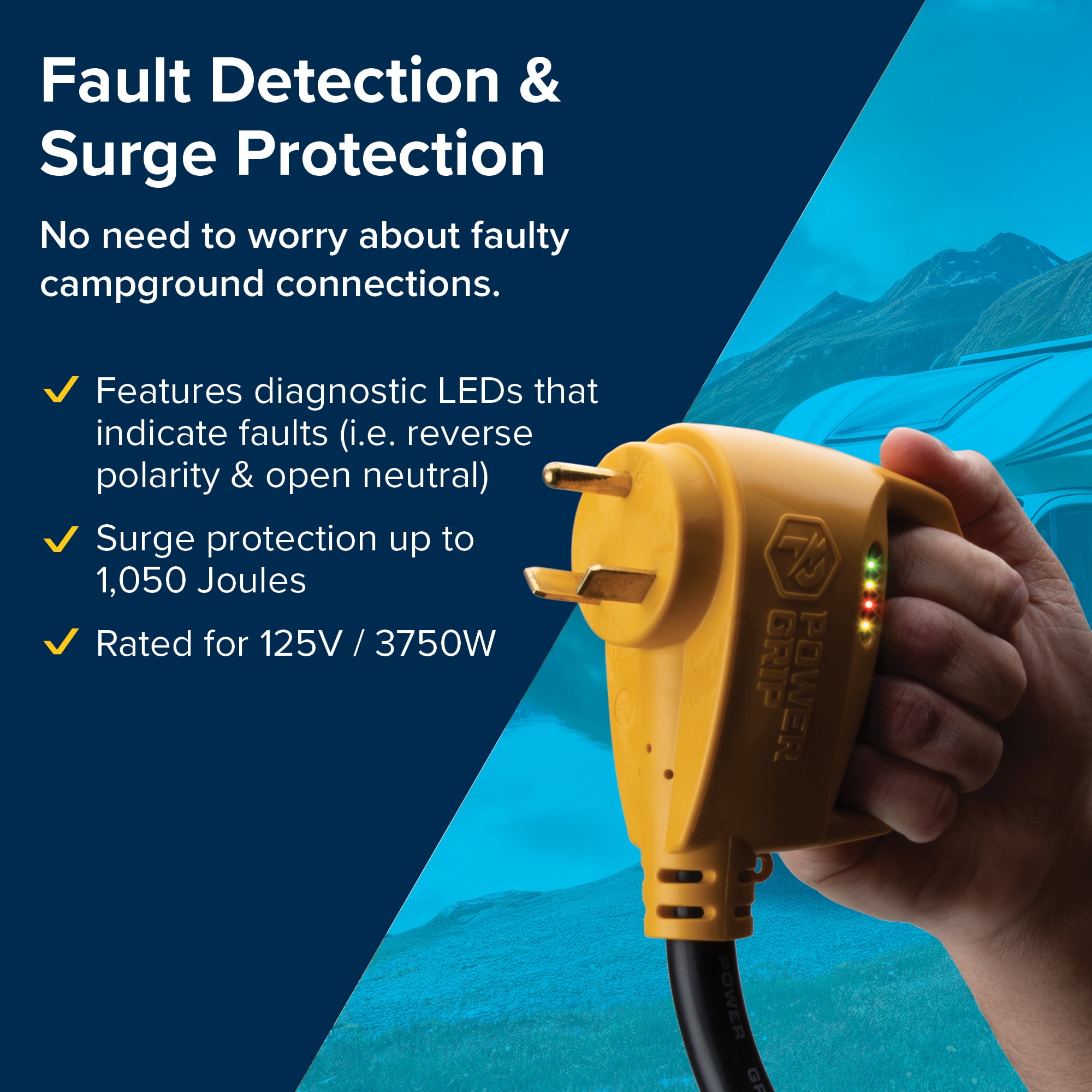 Camco Power Grip RV Circuit Analyzer and Adapter (30 Amp to 50 Amp, 18 in, Yellow) 15m0u