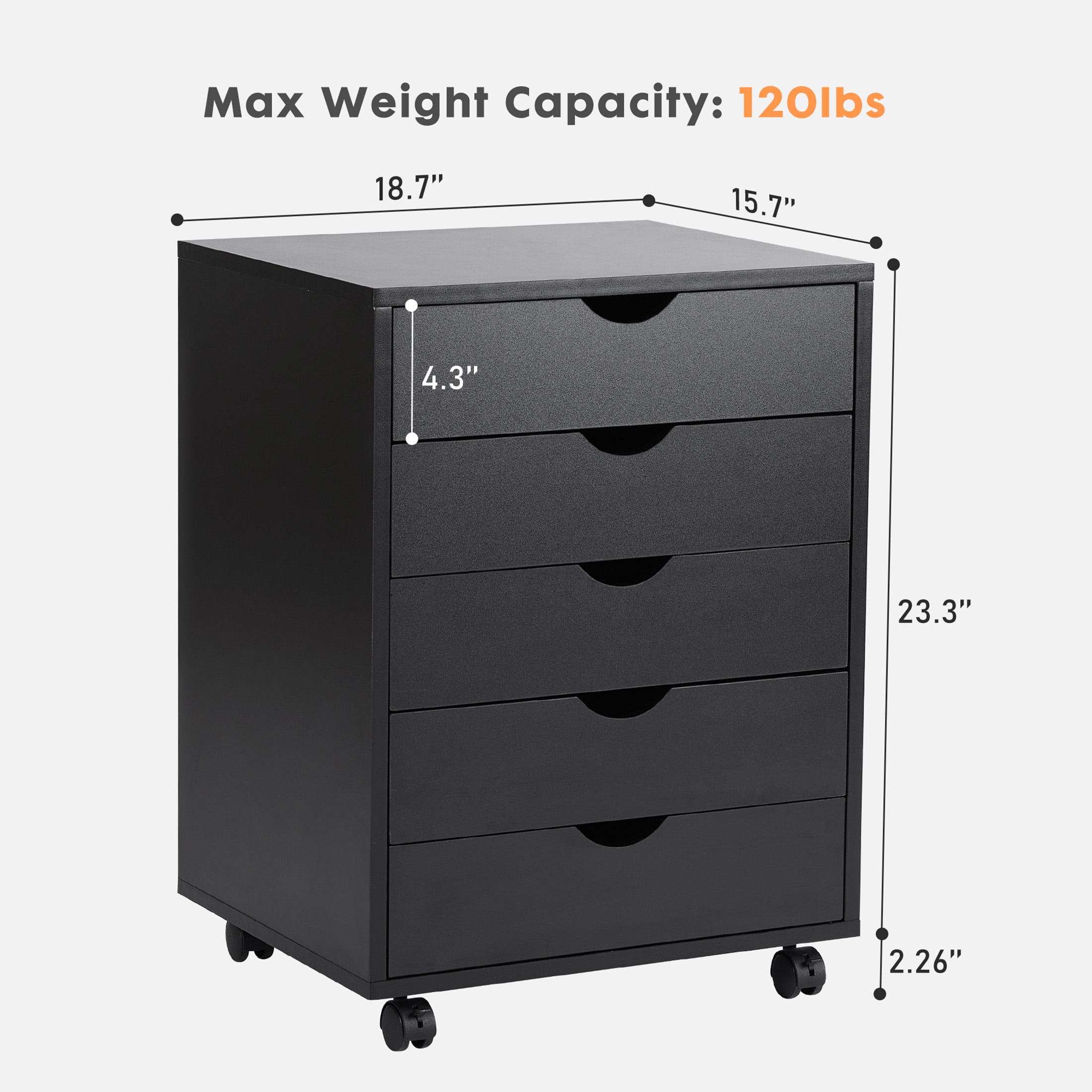 CONCETTA 5-Drawer File Cabinet, Lateral Filing Under Desk Storage Organizer with Wheels (Black) fj3lf