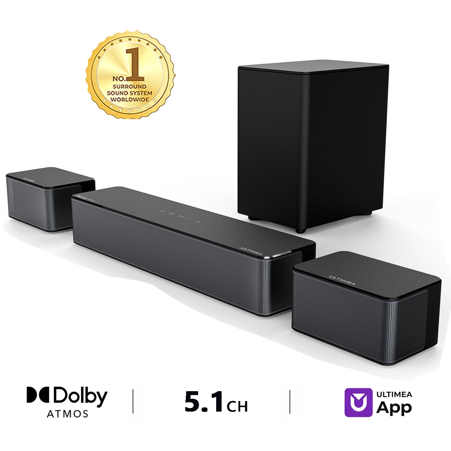 Ultimea 5.1 Dolby Atmos Sound Bar System with Wireless Subwoofer, 450W Peak Power, Surround Sound for TV (Black, 1 Pack) 3a2tj