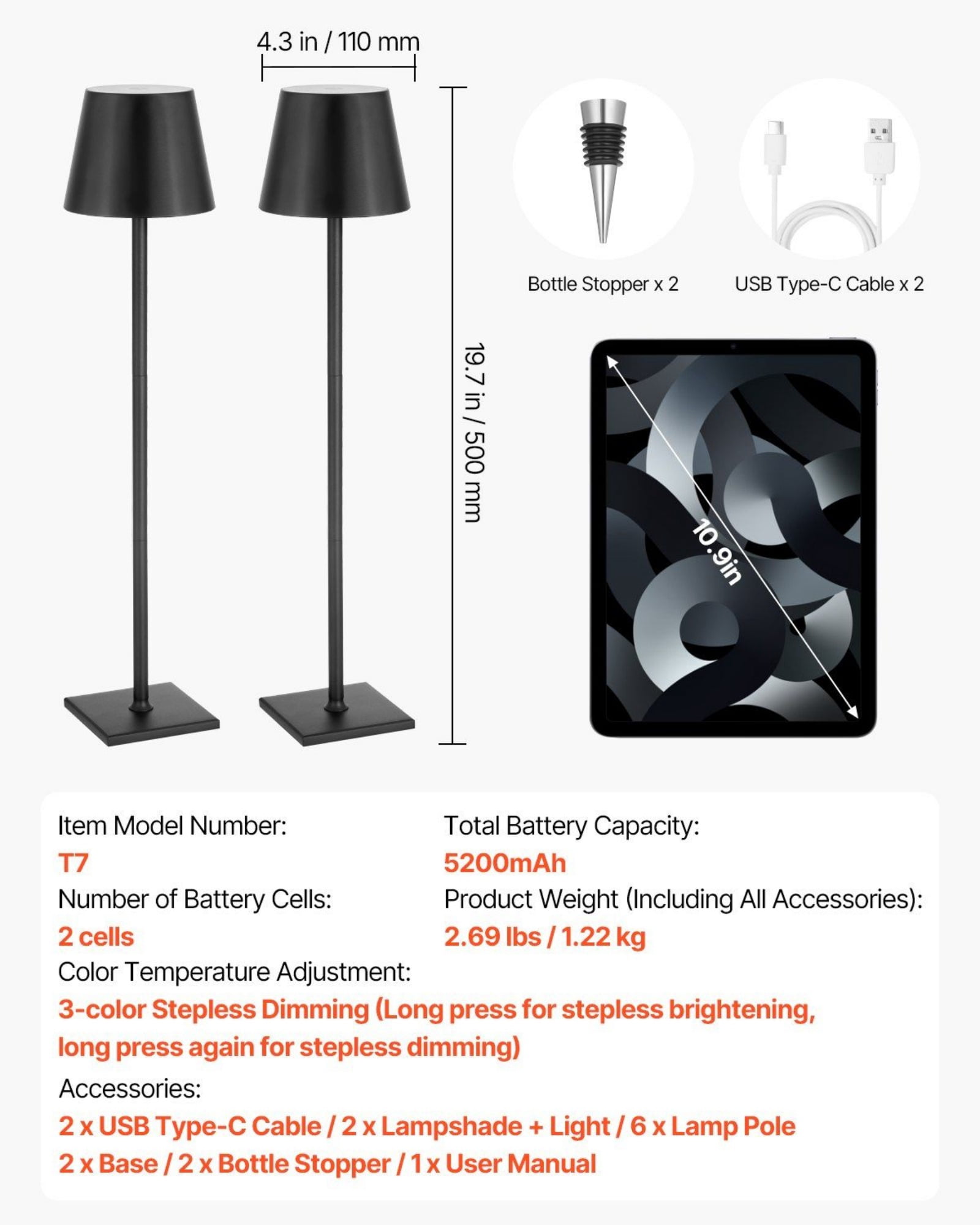 Generic Cordless Rechargeable Table Lamp, Adjustable Height LED Desk Light with Dimmable Touch Control (Black, 2-Pack, 19.69 in) dzdmm
