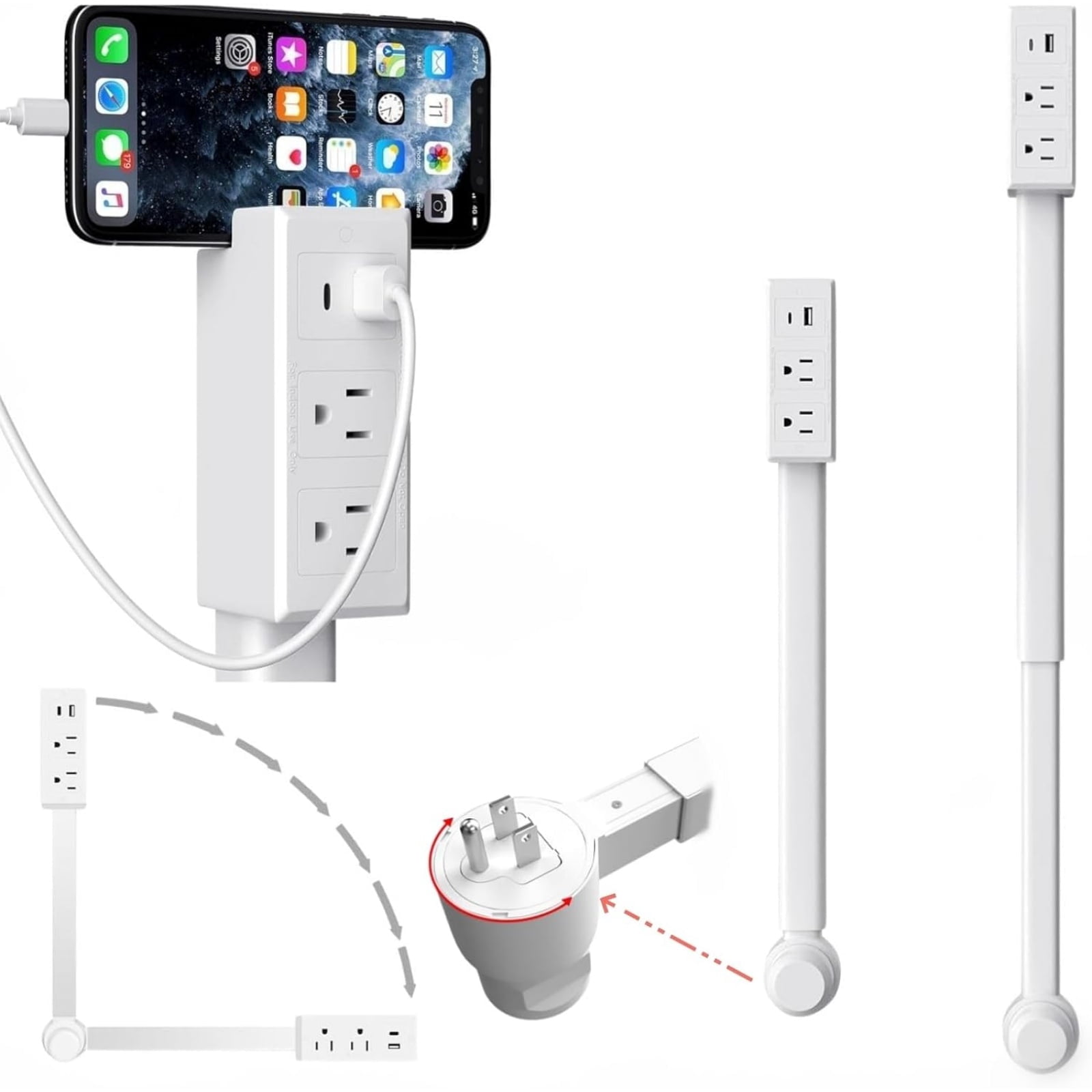 Demine Electrical Outlet Extender Stick with USB-A, USB-C, and 2 AC Ports (White, 18 in to 27 in) le64l