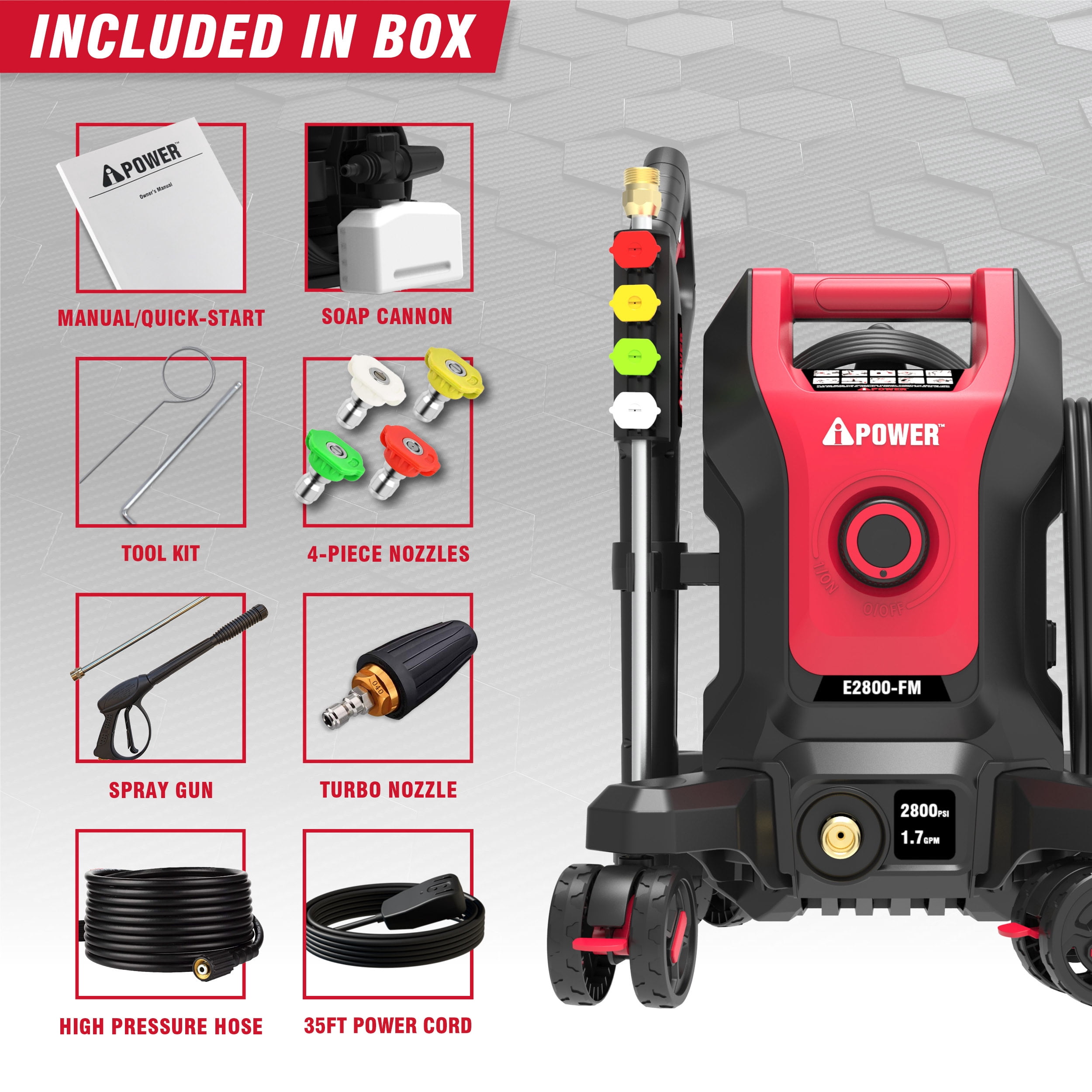 A-iPower E2800-FM Electric Pressure Washer with Follow-Me 4-Wheel Design and 5 Nozzles (2800 PSI, 1.7 GPM) rerev
