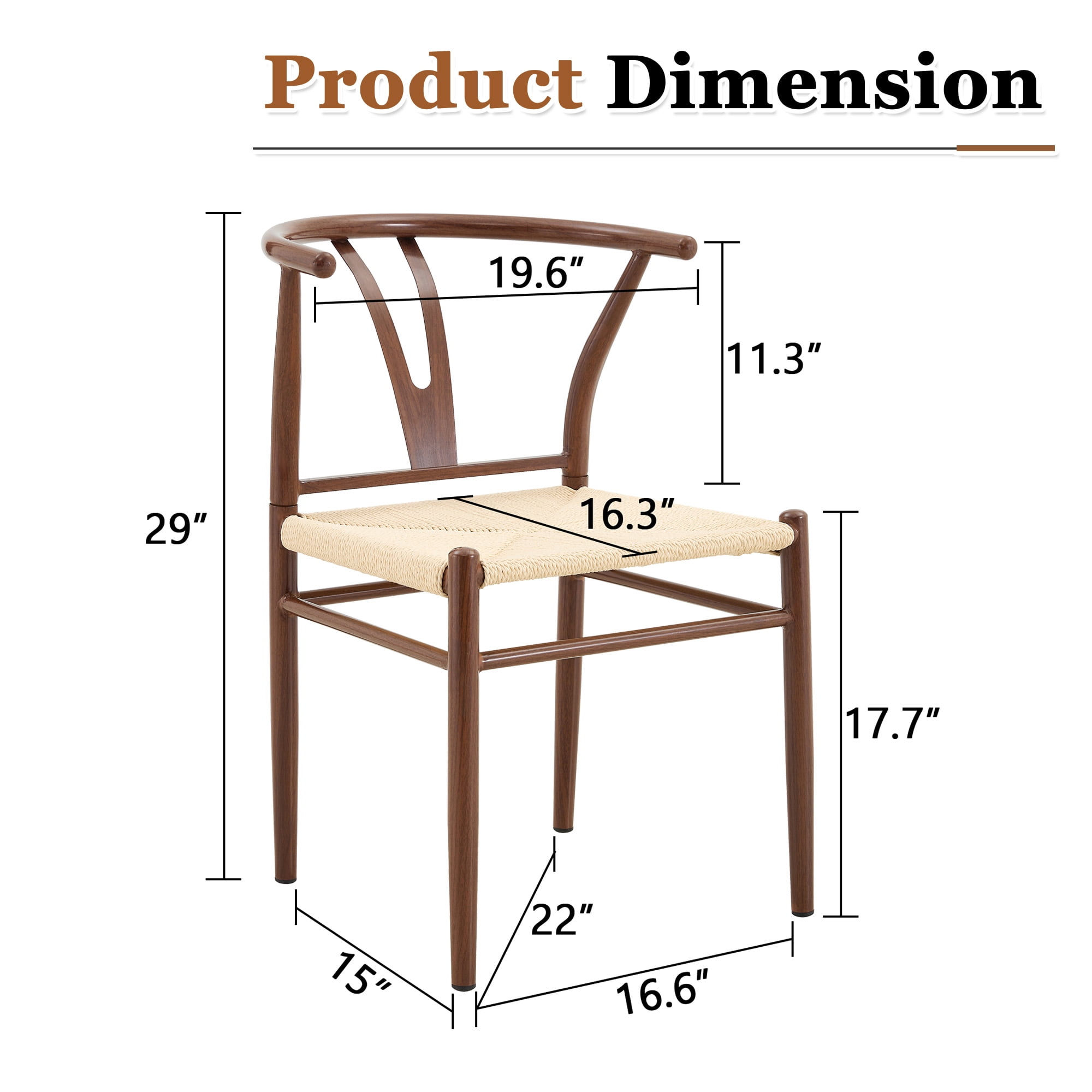 Cekeme Wishbone Dining Chair Set of 2, Mid-Century Modern Y-Shaped Armchair with Woven Seat (Brown, 17.7 in D x 19.6 in W x 29 in H) q5xf2