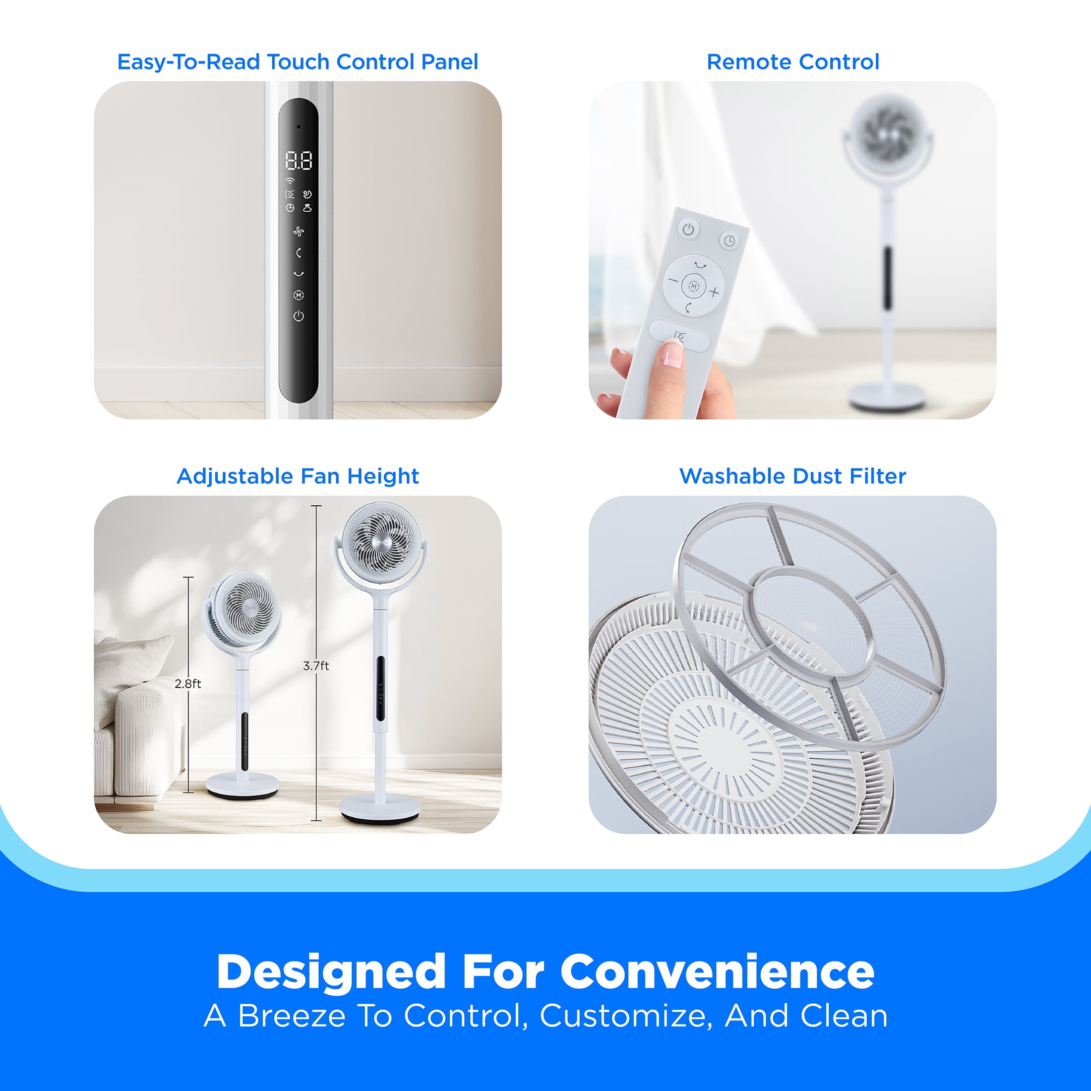 Midea Smart Pedestal Fan with Remote, 12-Speed Adjustable Height Oscillating Cooling Fan (White, 33.9-44.1 in) to45o