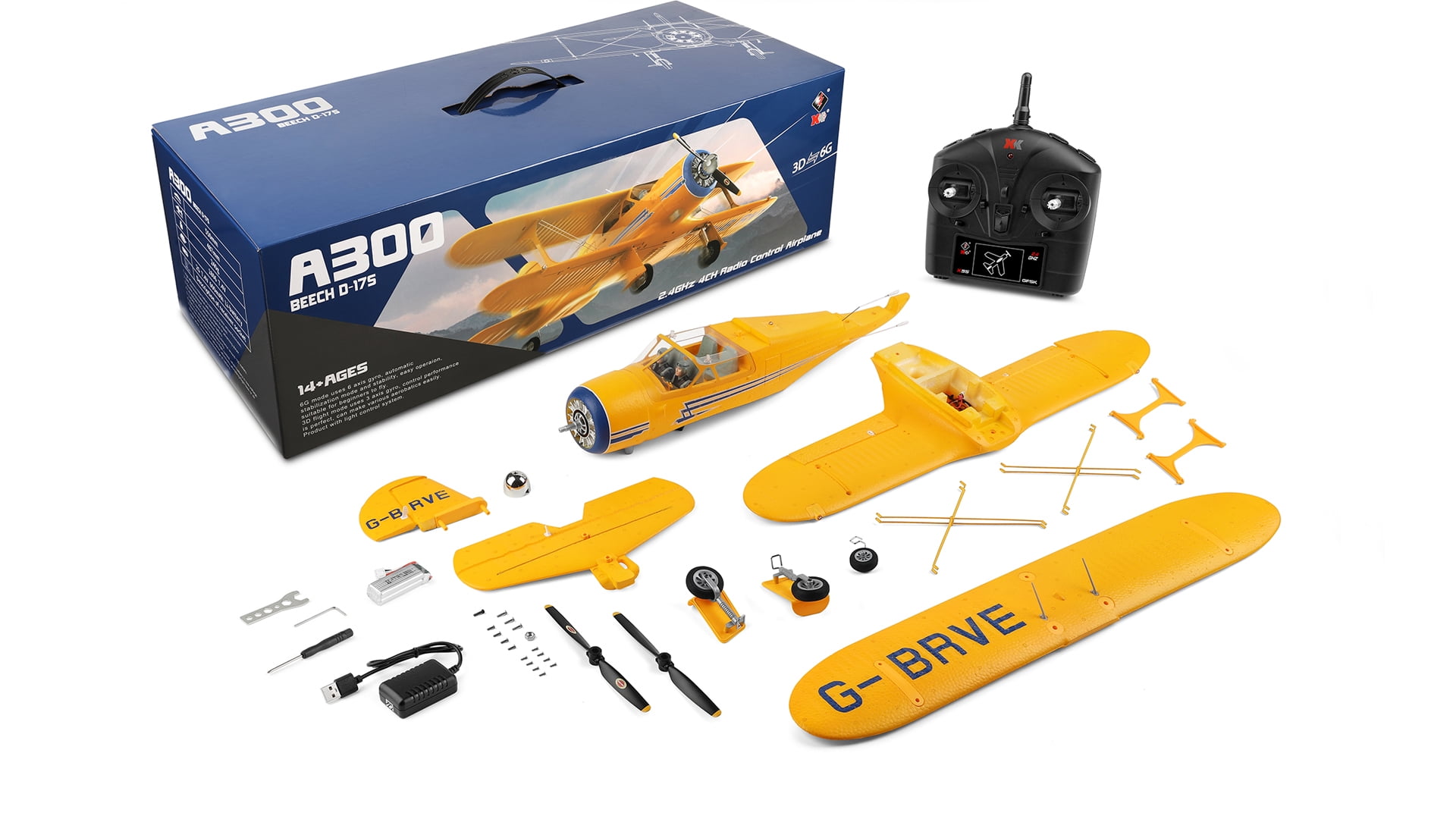 Bruce & Shark A300 RC Airplane Beechcraft D-17 4-Channel Brushless Remote Control Plane with Lights (Yellow, 2 Batteries) 35sy4