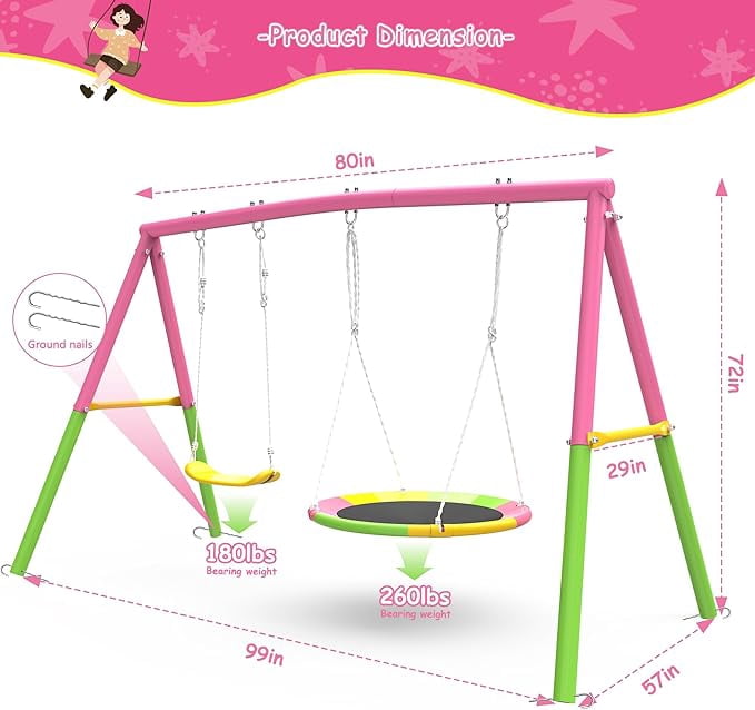Kdymod Heavy Duty Metal A-Frame Swing Set with Saucer Disc and Belt Seat (Pink, 440 lb Capacity) sizrv
