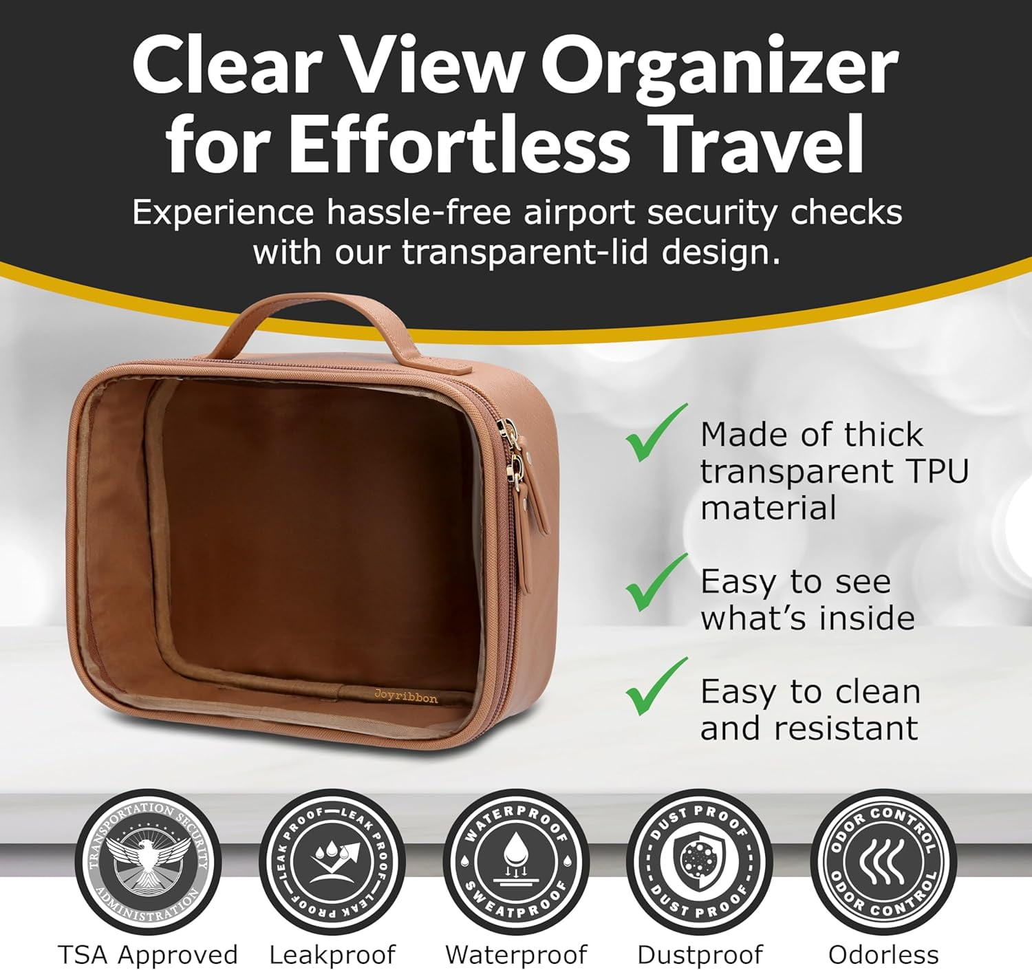 Joyribbon Travel Cosmetic Bag Set, Waterproof Toiletry Organizer with Clear TPU Window (Nude, 3 Piece Set) bw7eo