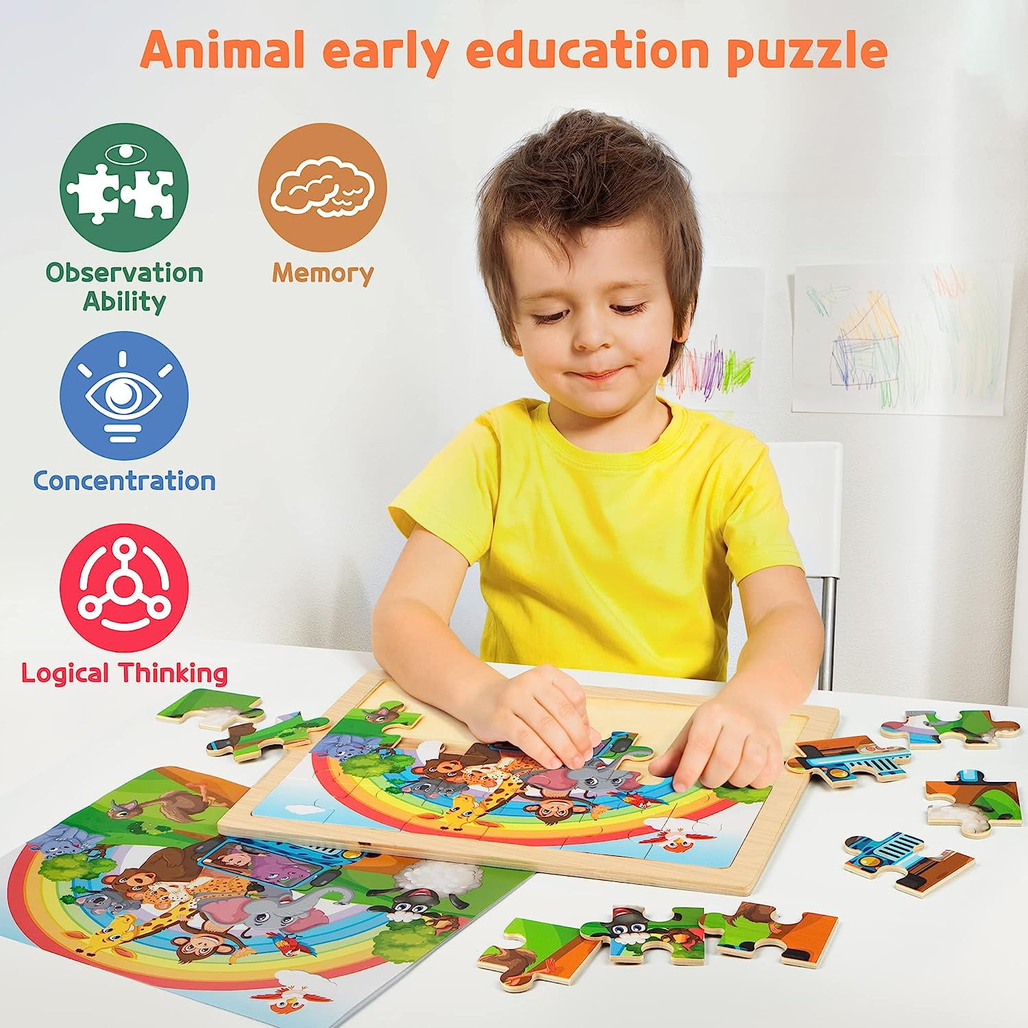 SYNARRY Wooden Animal Jigsaw Puzzle Set, Educational Preschool Learning Toy (4-in-1 Gift Box, 96 Total Pieces) ku3df