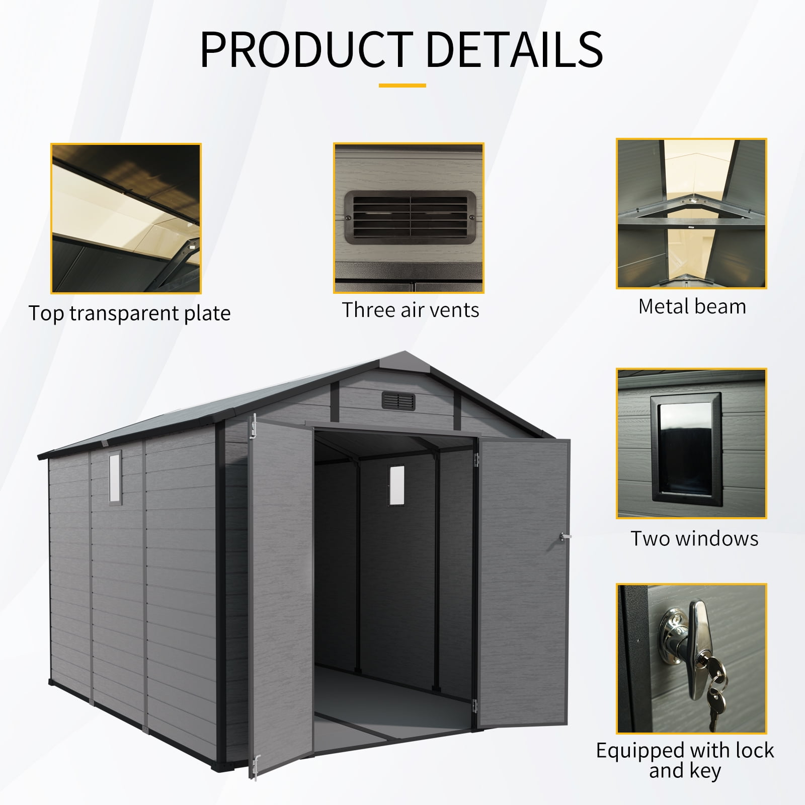 HomeMindful Large Outdoor Storage Shed, Weather-Resistant Resin Tool Shed with Floor, Skylight, and Lockable Double Doors (Dark Gray, 8x10 ft) px7hx