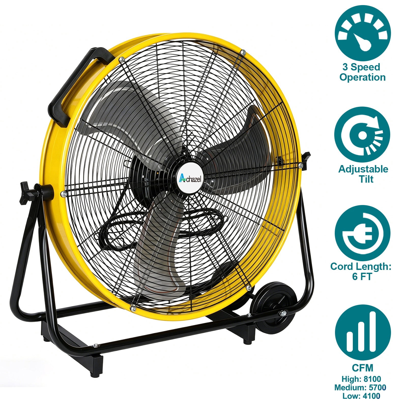 Achazel 24 Inch Industrial Drum Fan, Heavy-Duty 3-Speed High Velocity Floor Fan for Warehouse and Garage Cooling (Yellow, 24 in) mufb0