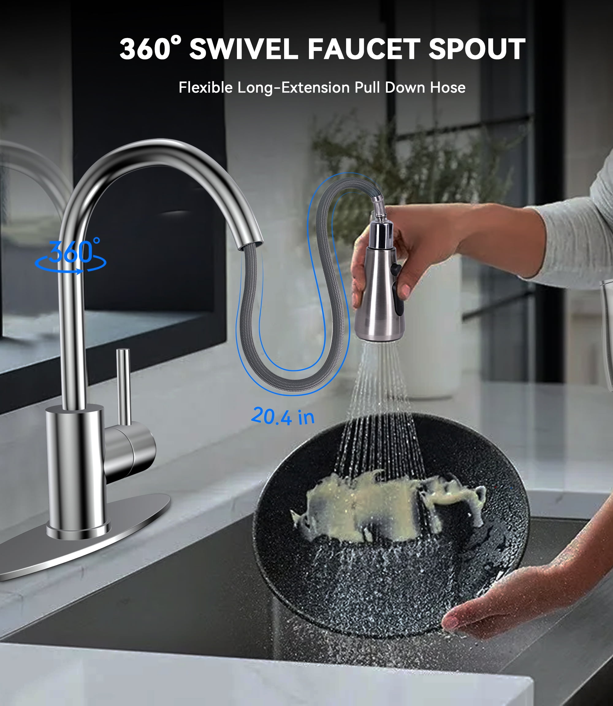 HODVIT Kitchen Faucet with Pull Down Sprayer, High Arc Stainless Steel Sink Faucet (Silver, 16 in) l9jcz