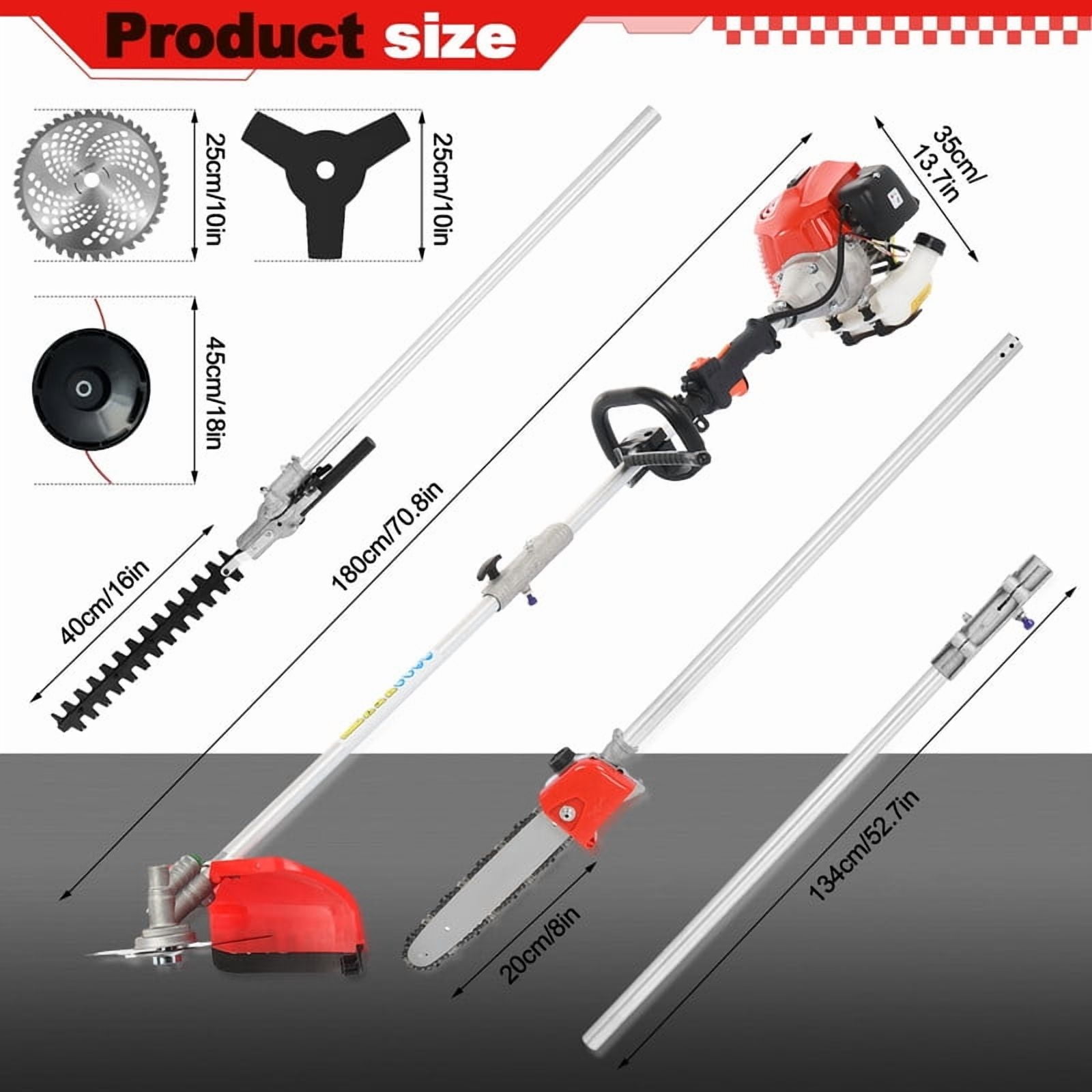 WETS 52CC 2-Cycle Gas String Trimmer, 5-in-1 Multi-Functional Brush Cutter and Hedge Trimmer (Red, 52CC Engine) pdli0