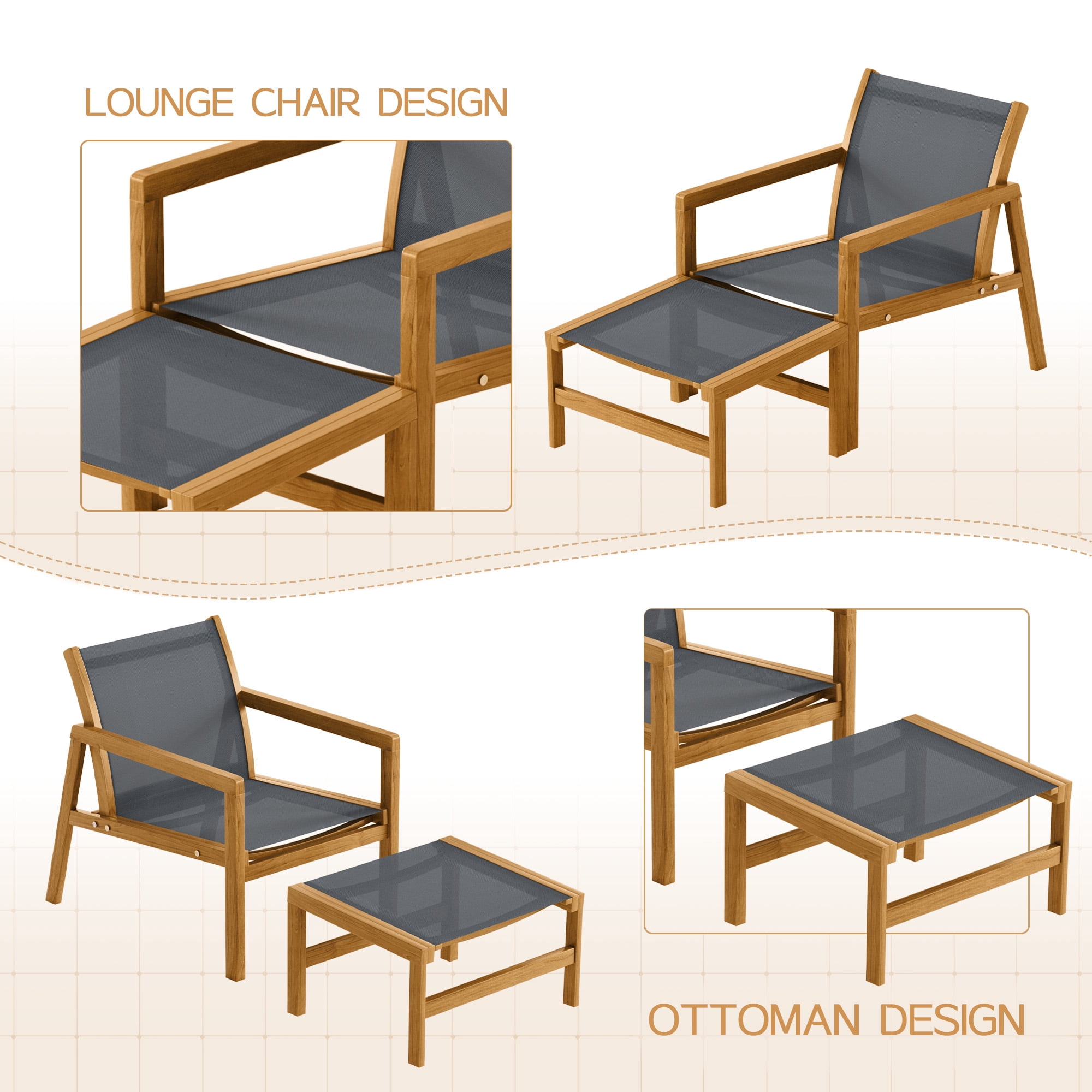 Homall 4-Piece Patio Conversation Set with Acacia Wood Frame and Textilene Chairs (Gray) iaemv