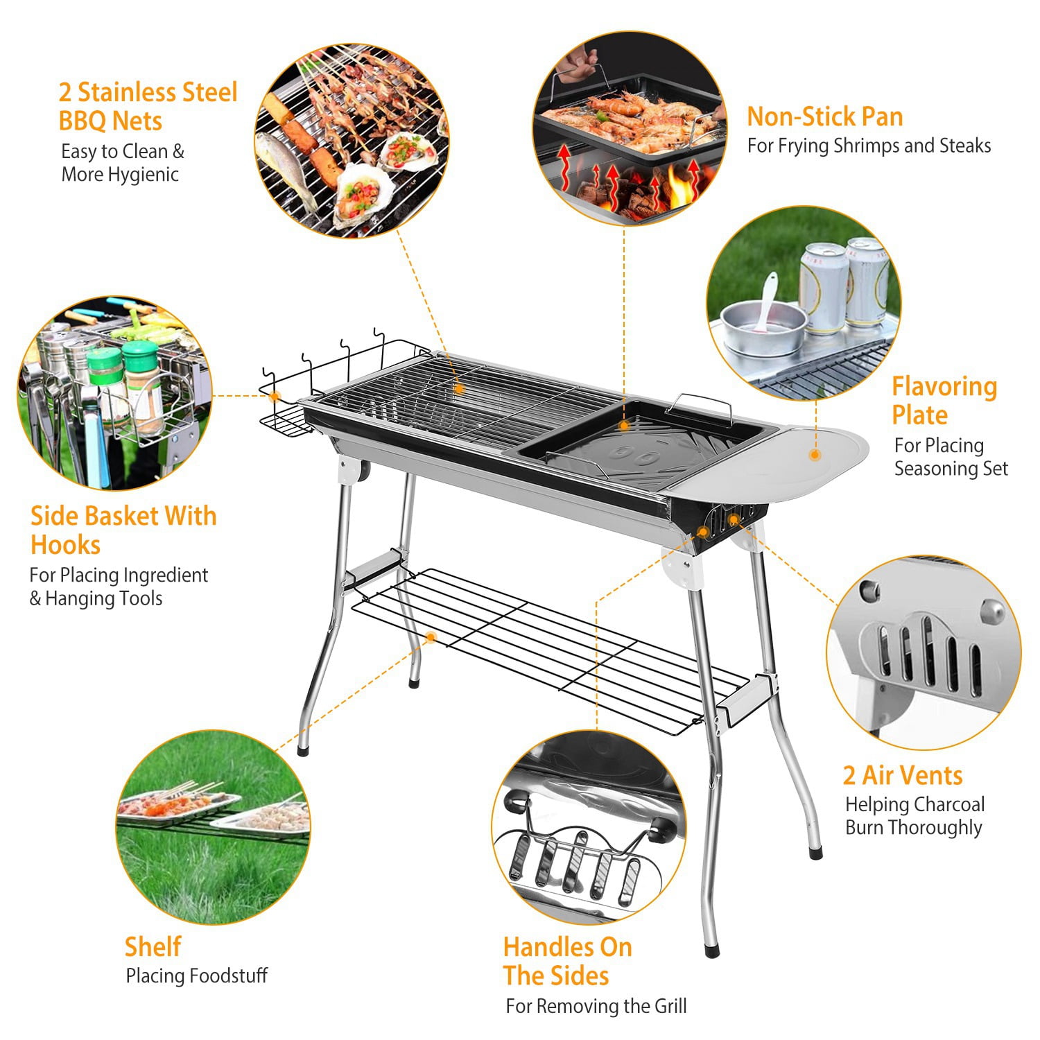 iMounTEK Portable Charcoal BBQ Grill, Stainless Steel Foldable Outdoor Cooking Set for Camping and Backyard (Silver, 38.98x13.39x27.56 in) 5c8wr