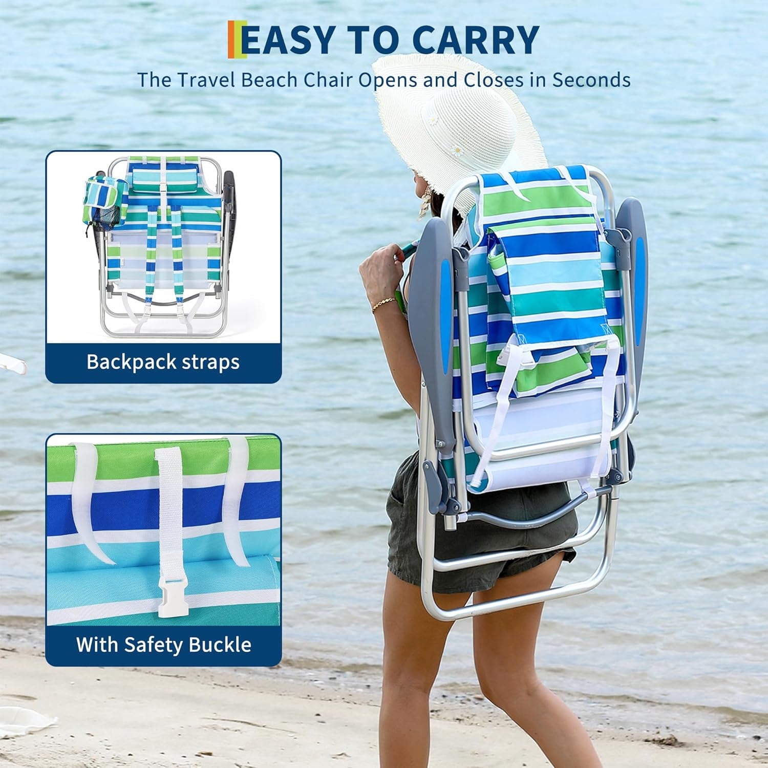 RIEDHOFF Portable Beach Chair with Adjustable Backrest and Cooler Bag (Ocean Striped, Set of 2) w911z