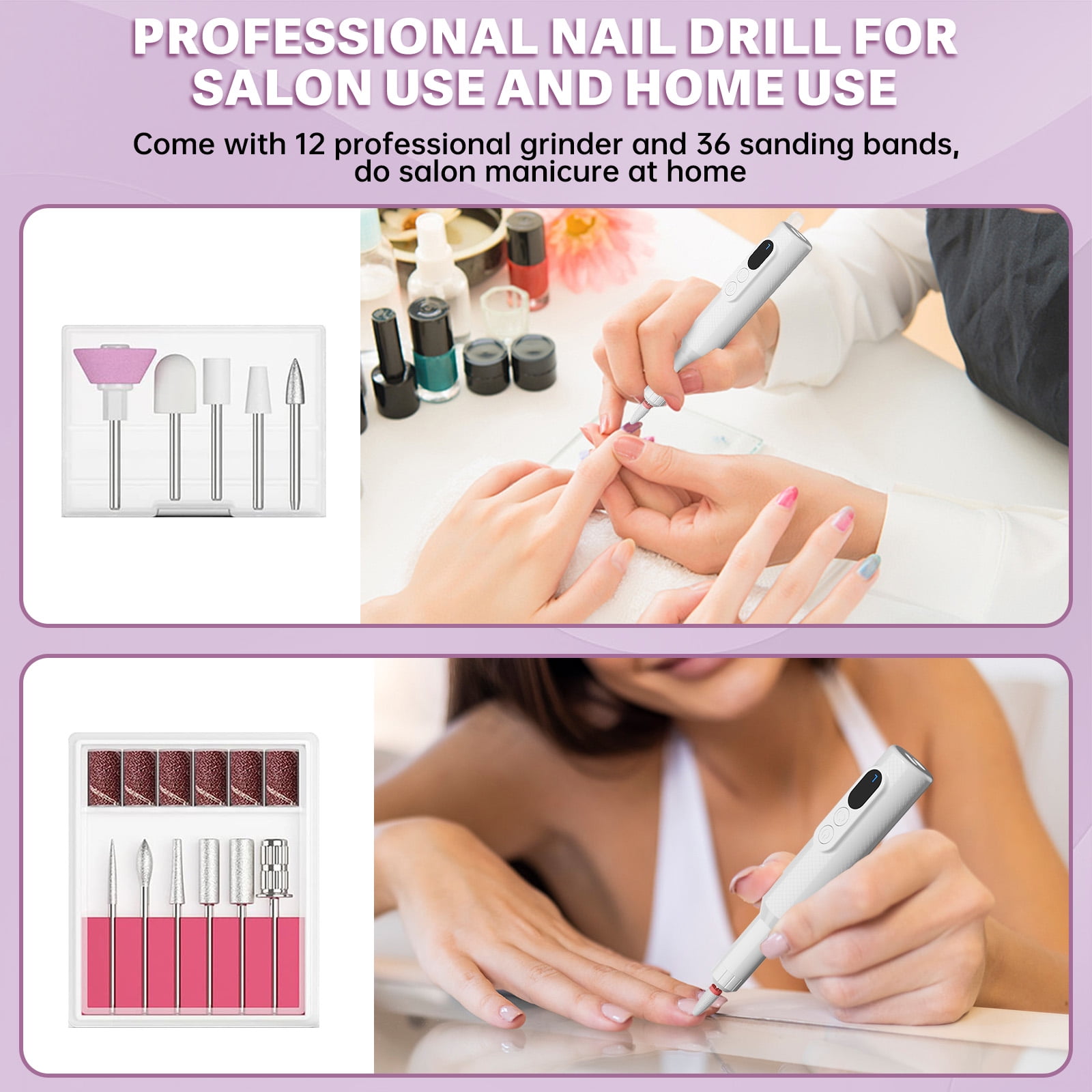 Cshidworld Electric Nail Drill Kit, Cordless Manicure Pedicure File with 12 Drill Bits & Wireless Charging Base (White) p2y0f