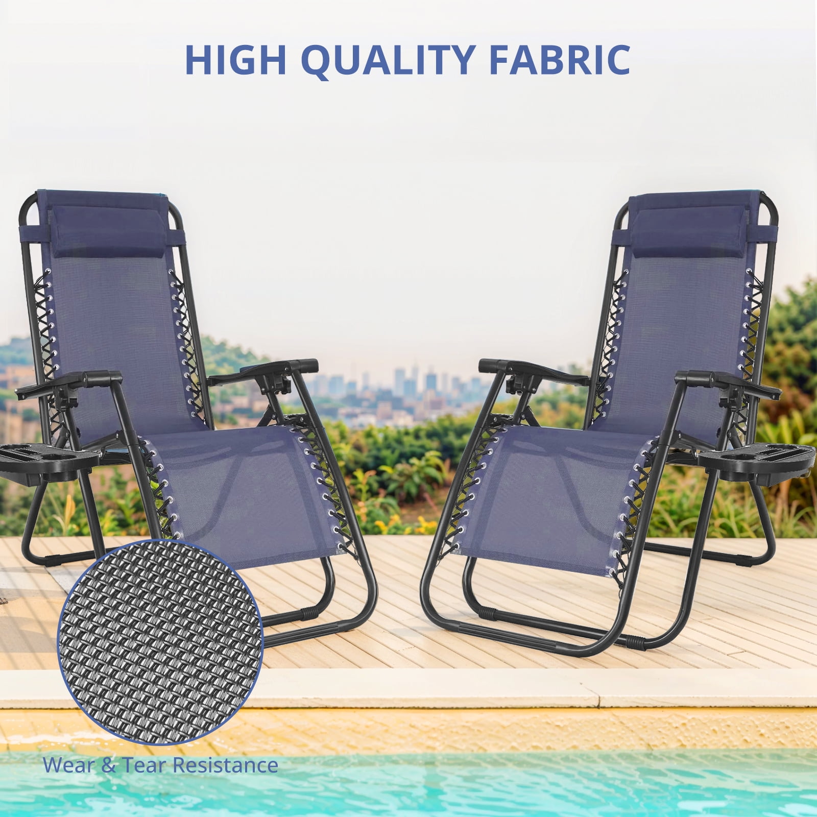 BIGLEAP Zero Gravity Recliner Chairs, Portable Folding Lounge Chairs with Cup Holder Trays and Adjustable Pillows (Blue, Set of 2) pu911