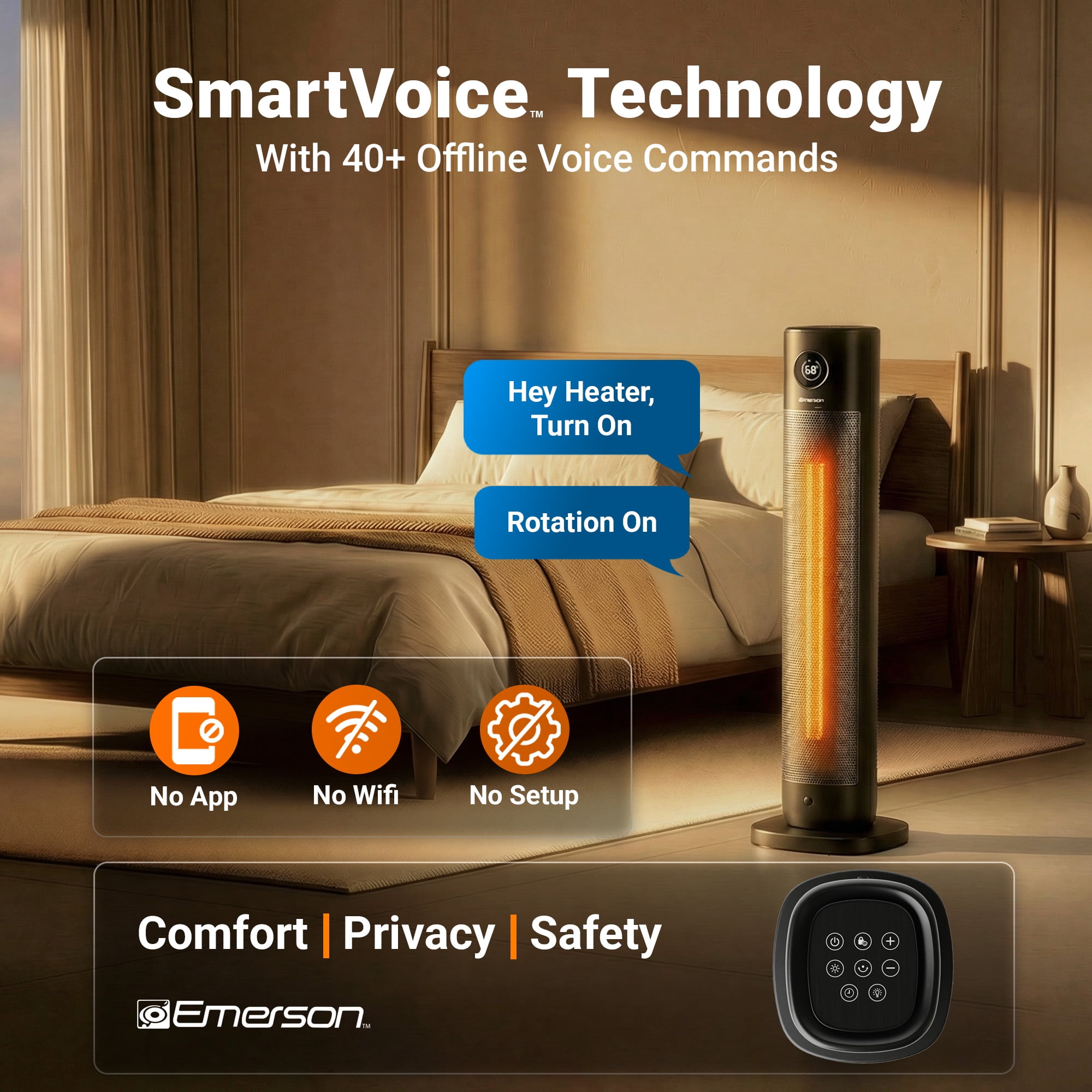 Emerson SmartVoice 32 in Tower Heater with Offline Voice Control (Black, 32 in) s67em