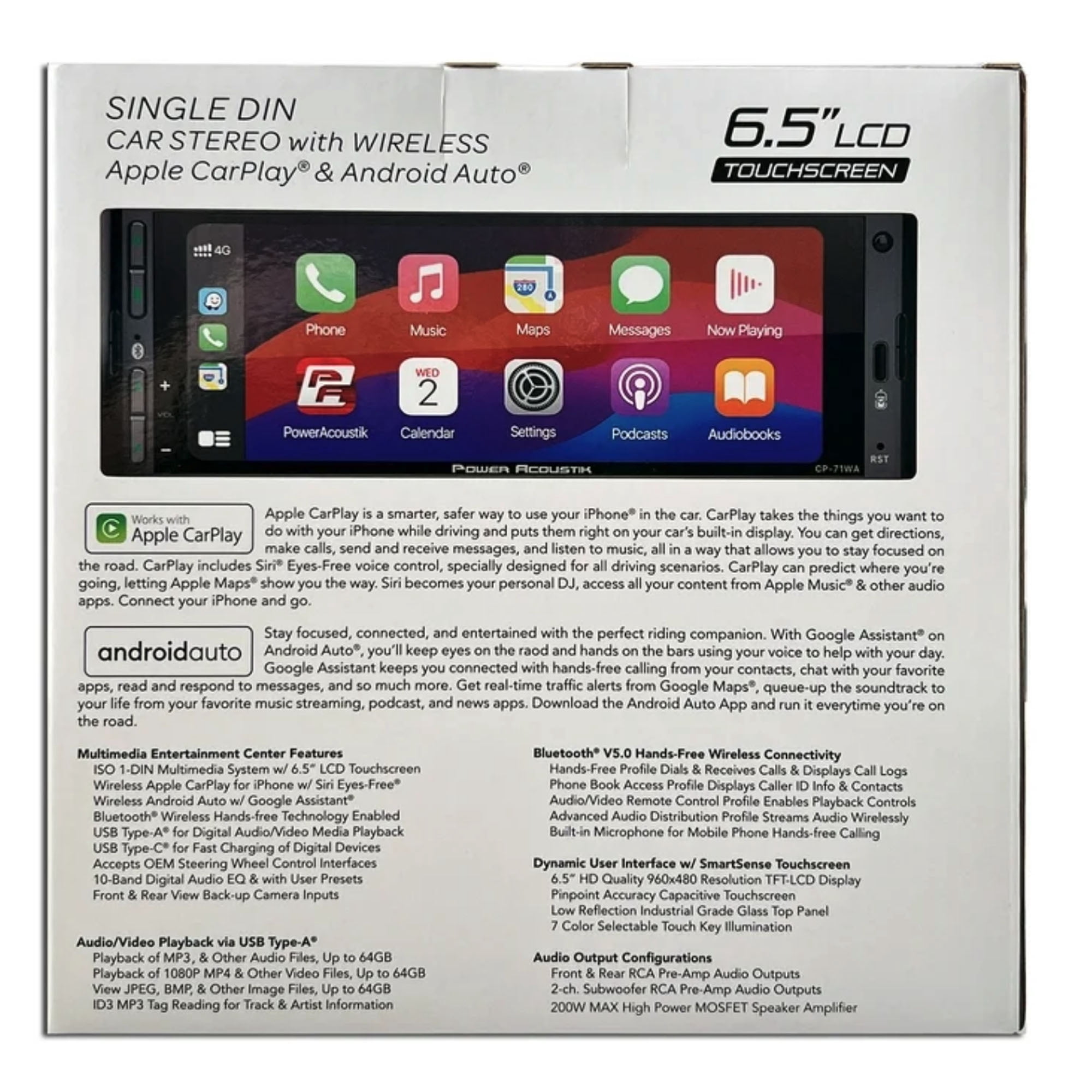 Power Acoustik CP-71WA Single DIN Car Stereo with 6.5 in Touchscreen, Wireless Apple CarPlay and Android Auto (6.5 in) xc2v1