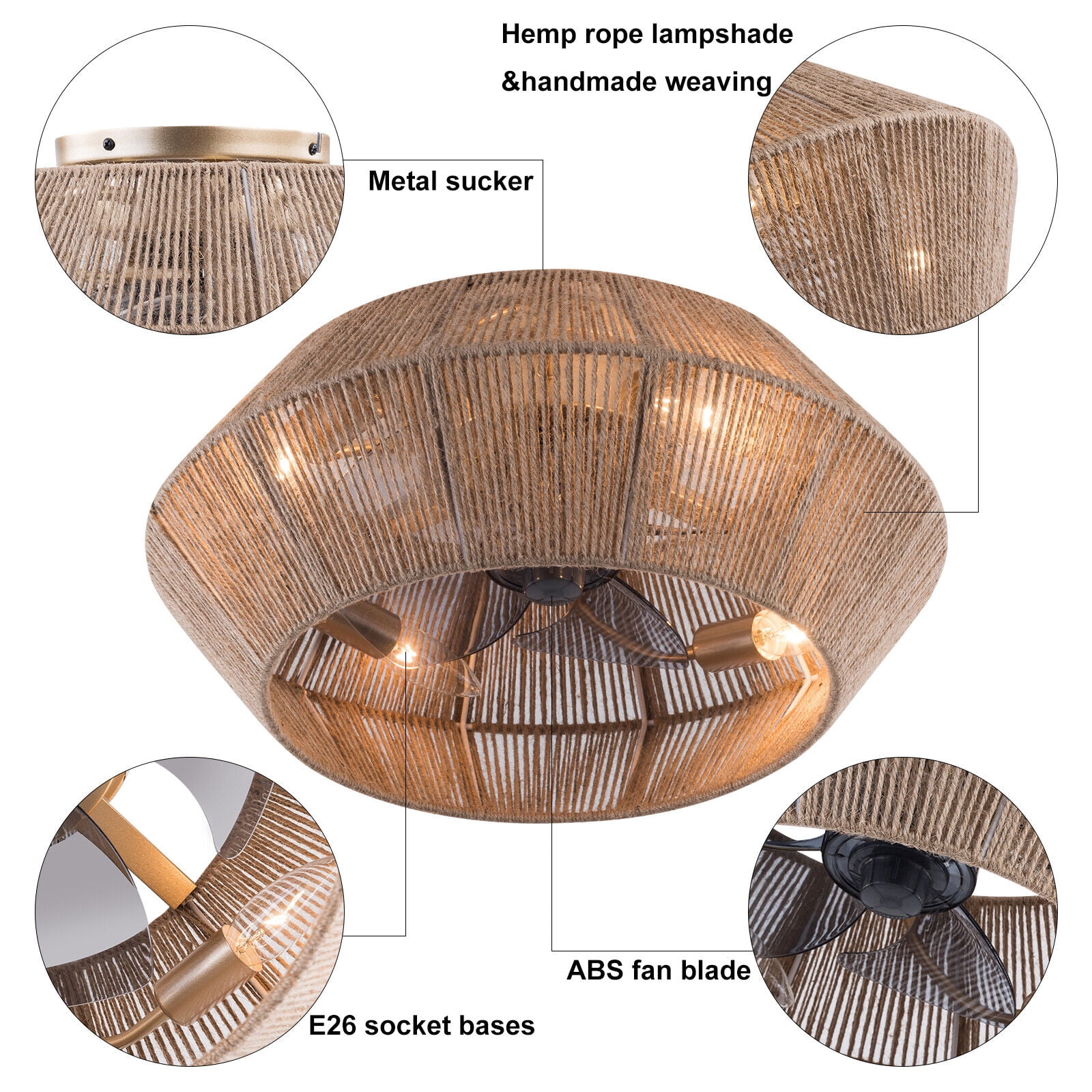 Miumaeov Boho Rattan Caged Ceiling Fan with Light and Remote Control (6 Speeds, 7.08 in Base) mrl8w