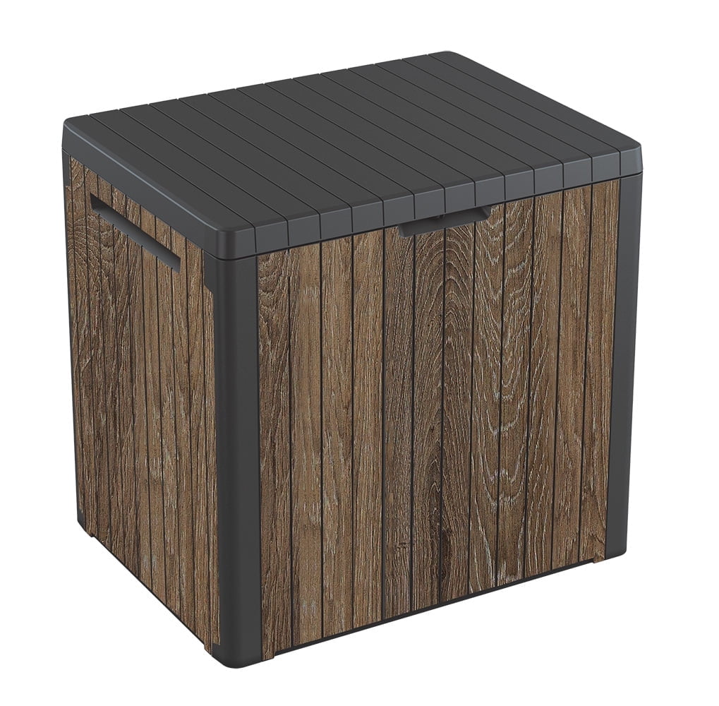 Keter Signature Everwood 30 Gallon Resin Outdoor Storage Box and Patio Side Table (Walnut, 22.75 in L x 17.3 in W x 21.6 in H) hzwfm