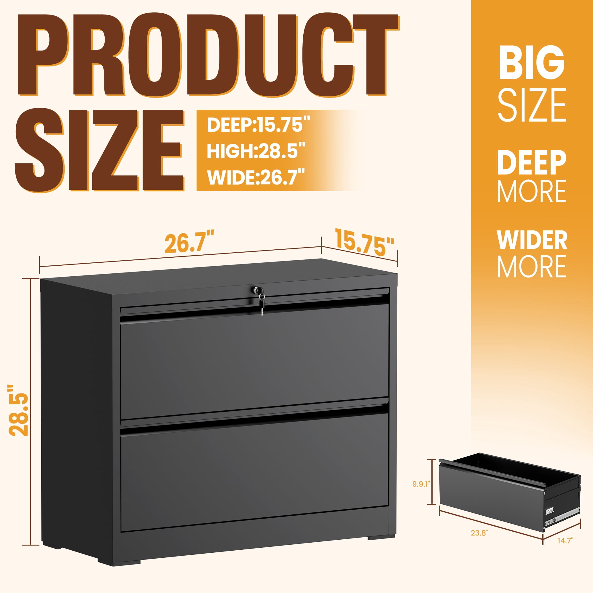 BIZOEIRON 2-Drawer Lateral File Cabinet with Lock, Heavy-Duty Metal Filing Organizer for Home Office (Black, 15.75 in D x 26.76 in W x 28.5 in H) 509z8