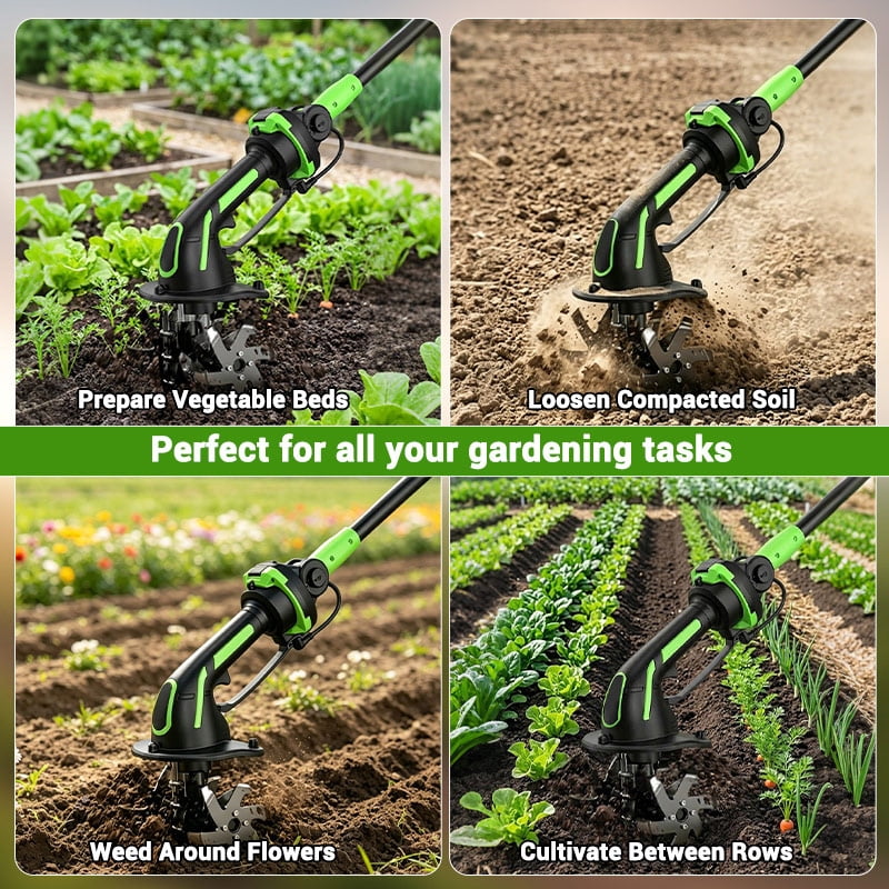 iToolMax 24V Cordless Electric Tiller Cultivator, Lightweight Garden Soil Tiller with Extension Rod, 2 Batteries & Charger (4 in Width, 51 in Length) pt2v9