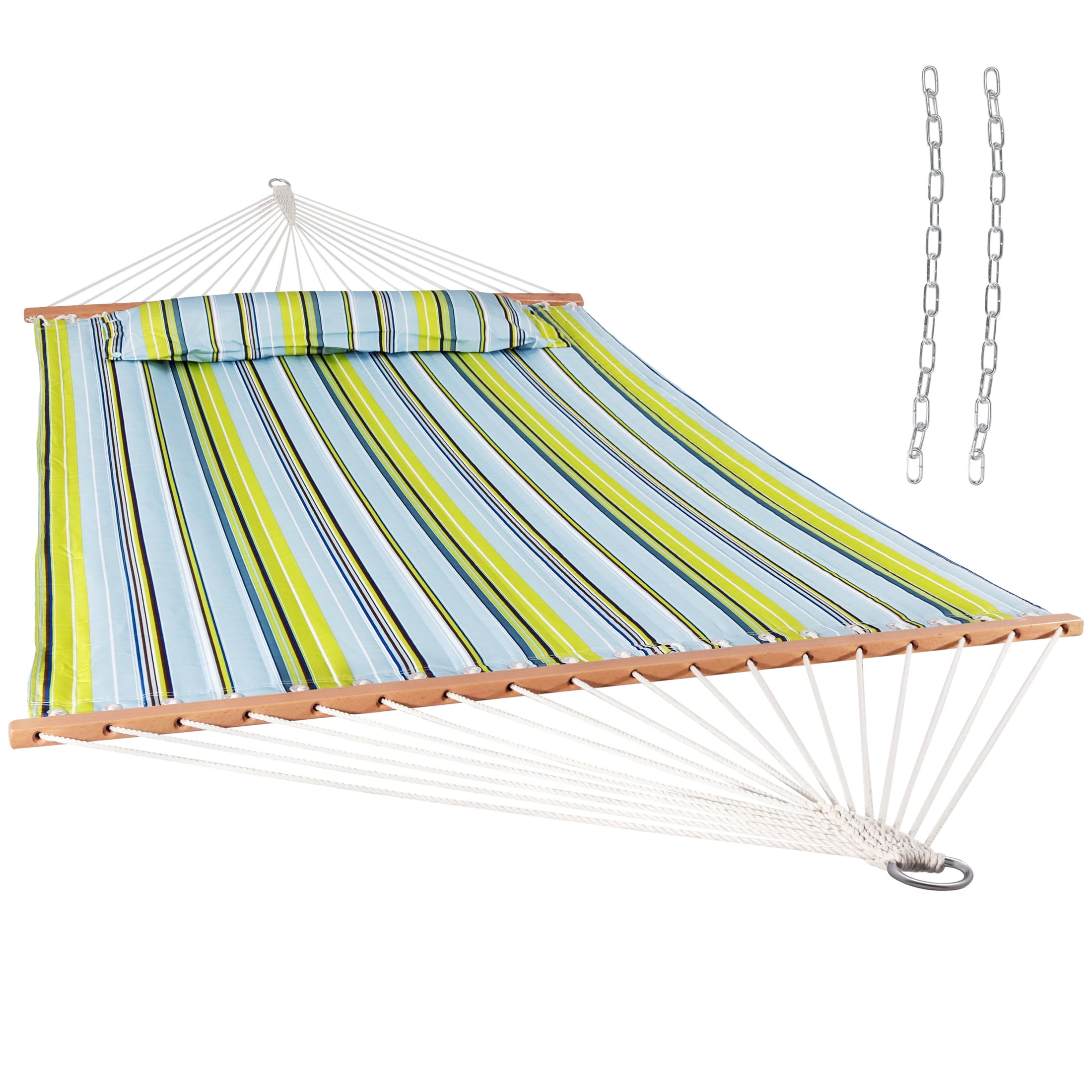 Sunnydaze 2-Person Quilted Polyester Spreader Bar Hammock (Blue and Green, 74 in x 55 in) qhkh5
