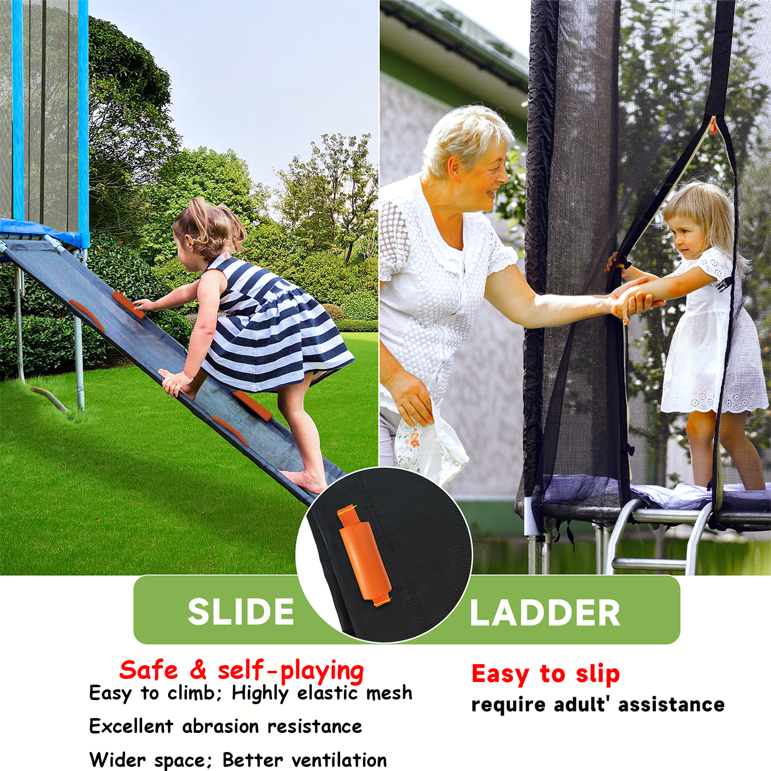 ROMUCHE Trampoline Slide and Ladder Attachment with Safety Handles (Black, 61.4 in x 18.1 in) 64hlt