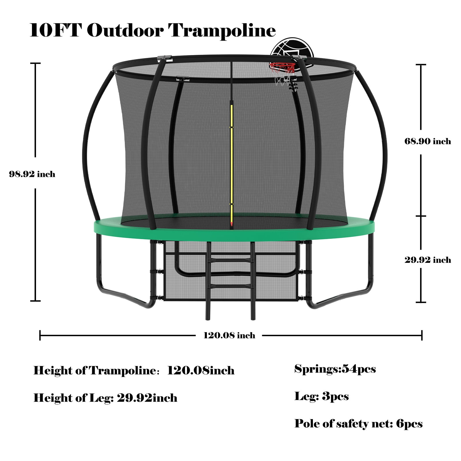 Euroco Outdoor Trampoline with Basketball Hoop and Two-Step Ladder (Green, 10 ft) 43zwe