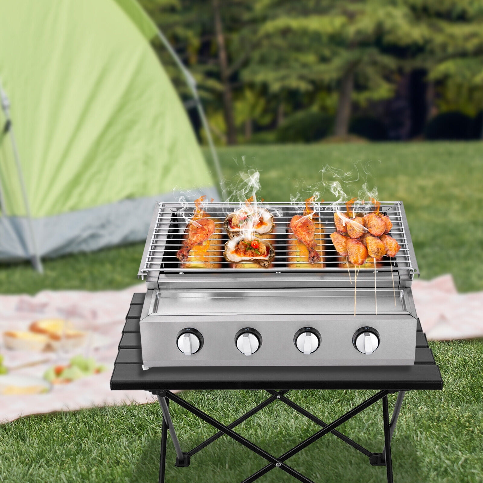 TOOL1SHOoo 4 Burner Gas BBQ Grill Stainless Steel Portable Outdoor Cooking Stove (Silver, 22.6 in x 16.7 in x 7.9 in) ton76