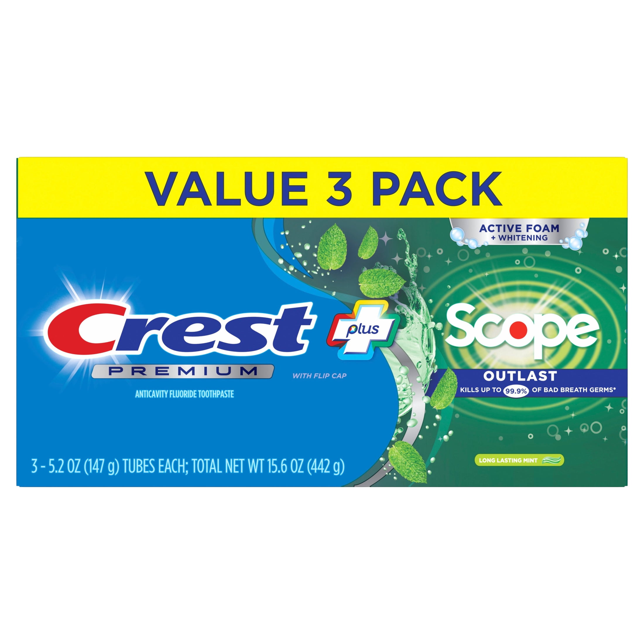 Crest Premium Plus Scope Outlast Fluoride Toothpaste, Mint, Cavity Protection & Whitening (3 Pack, 5.2 oz) lth6g