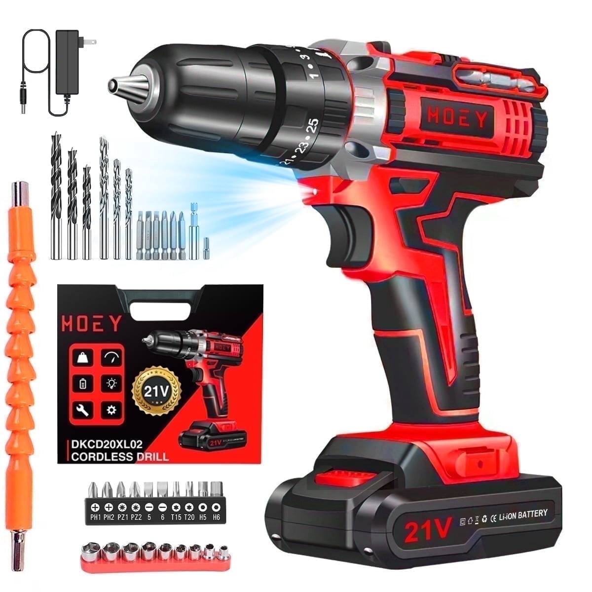 Hoey 21V Cordless Power Drill Set with 34-Piece Accessory Kit, 3/8 Inch Keyless Chuck, 2-Speed Compact Driver (Red, 34-Piece Set) 7xxuz