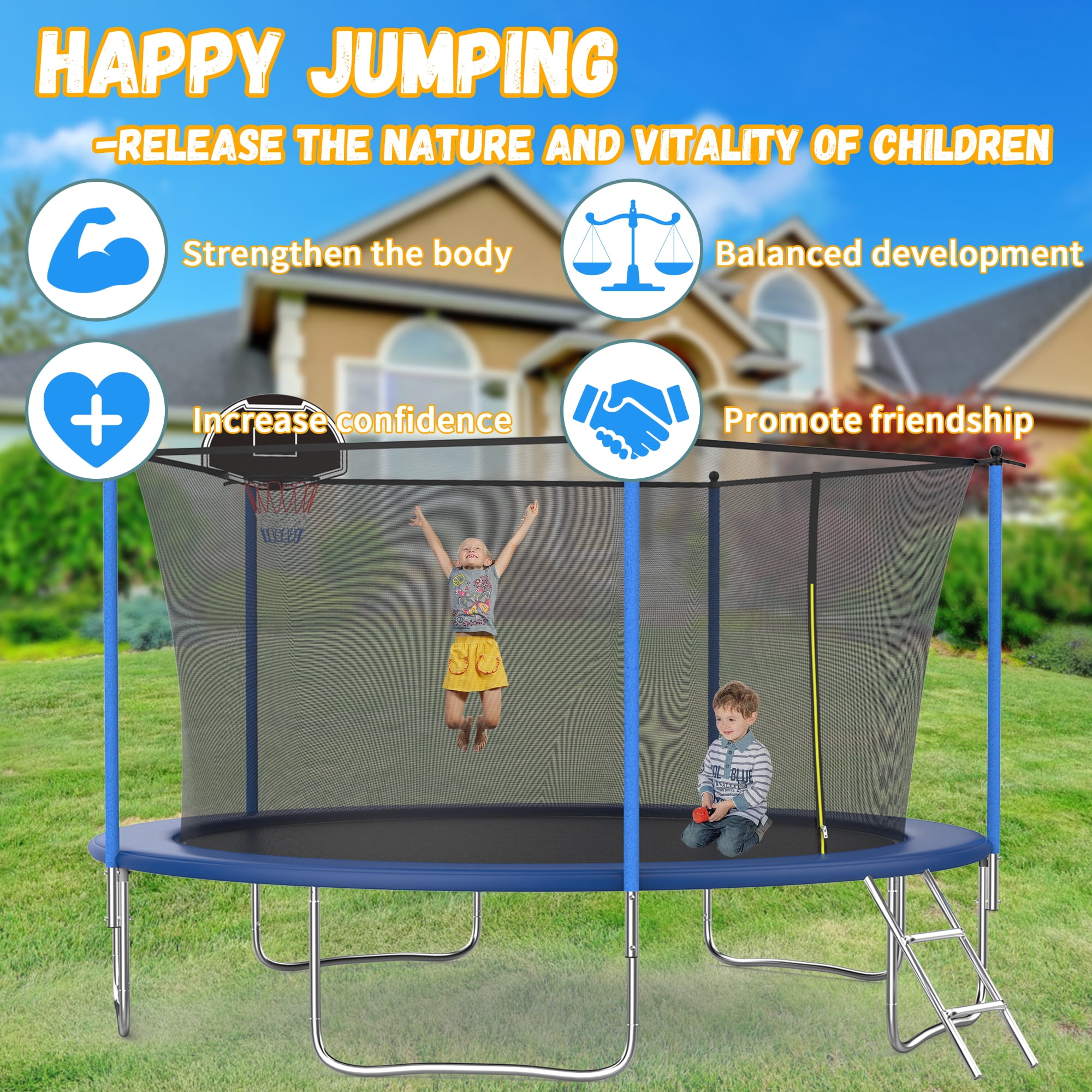 Shengchao Trade 14 ft Recreational Trampoline with Safety Enclosure and Ladder (Blue, 1600 lb Capacity) nyjsg