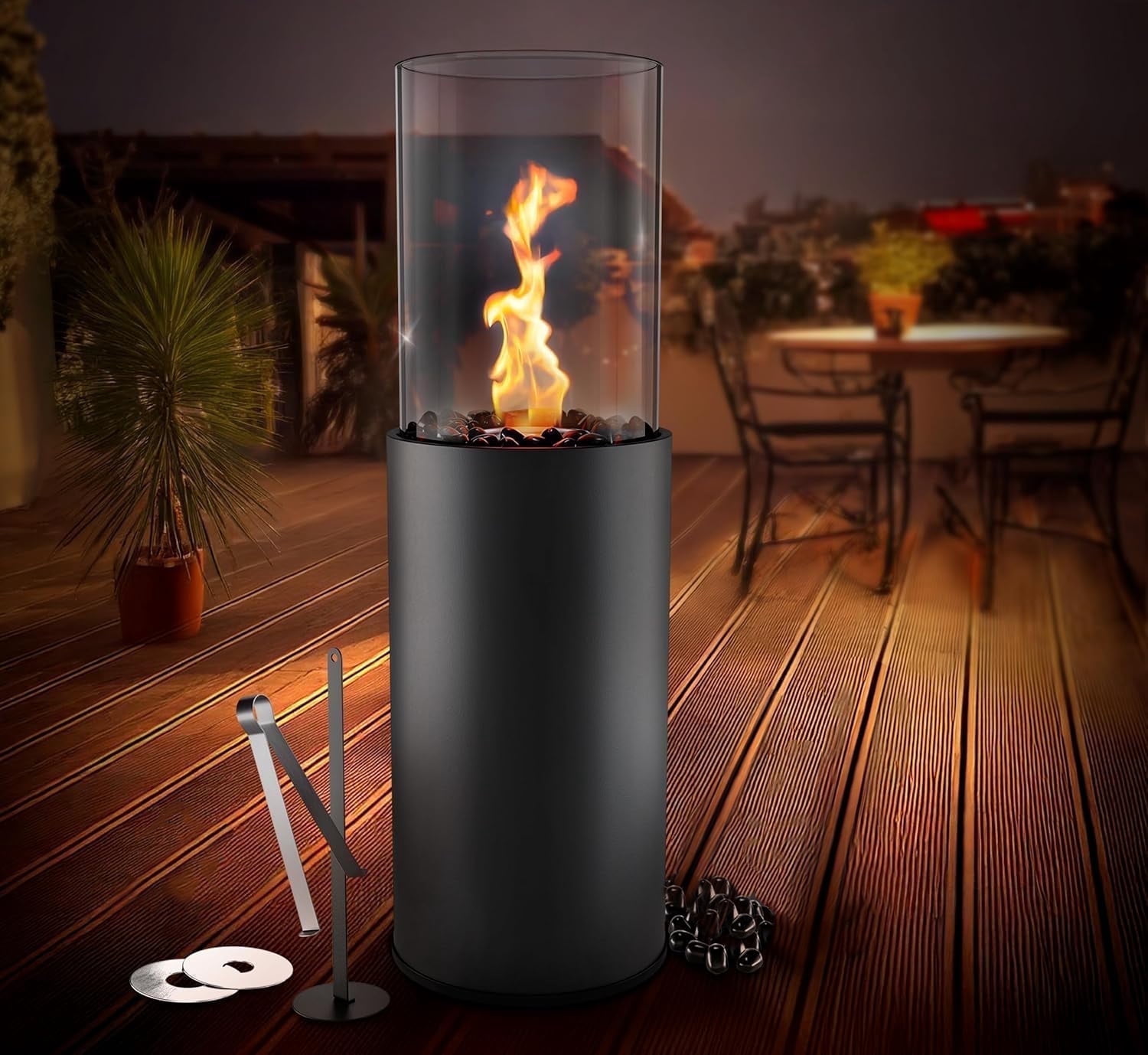 CROWN FIRE Standing Fire Pit with Decorative Stones (Black, 12 in) jepui