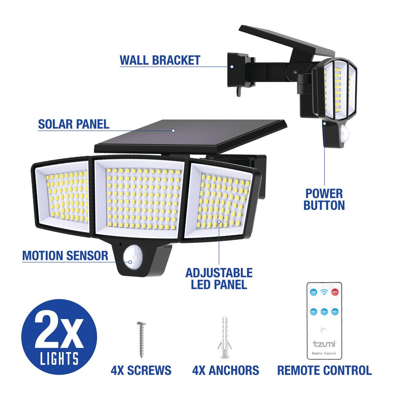 Tzumi Solar Motion Sensor Outdoor Flood Lights with Wireless Remote (Black, 2-Pack, 11 x 4.8 x 5 in) yt1q8