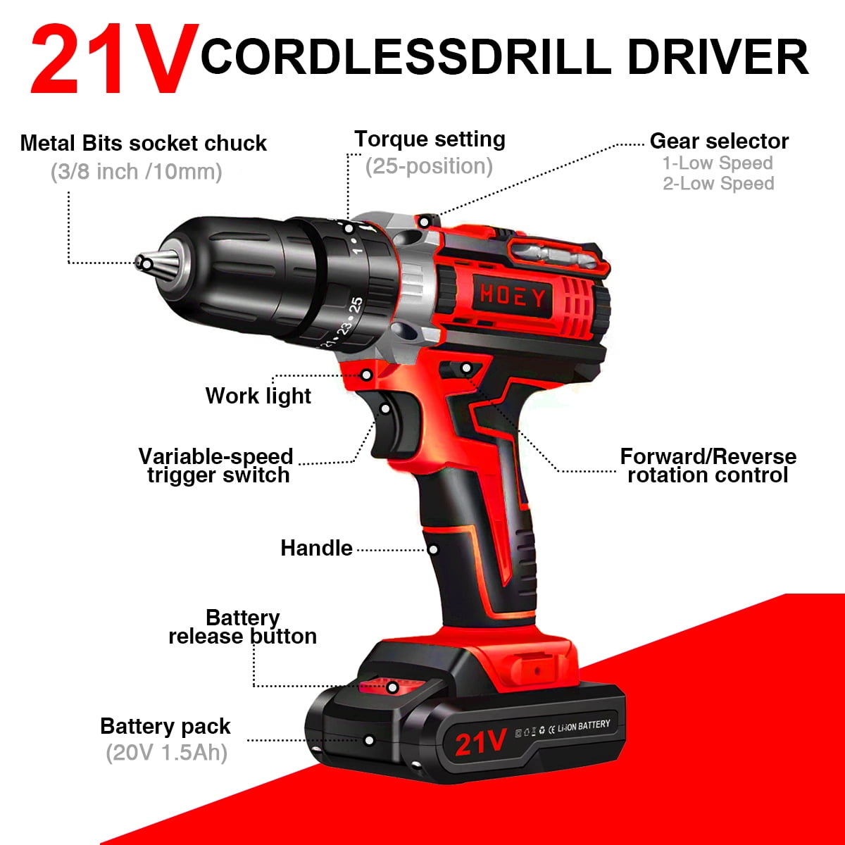 Hoey 21V Cordless Power Drill Set with 34-Piece Accessory Kit, 3/8 Inch Keyless Chuck, 2-Speed Compact Driver (Red, 34-Piece Set) 7xxuz