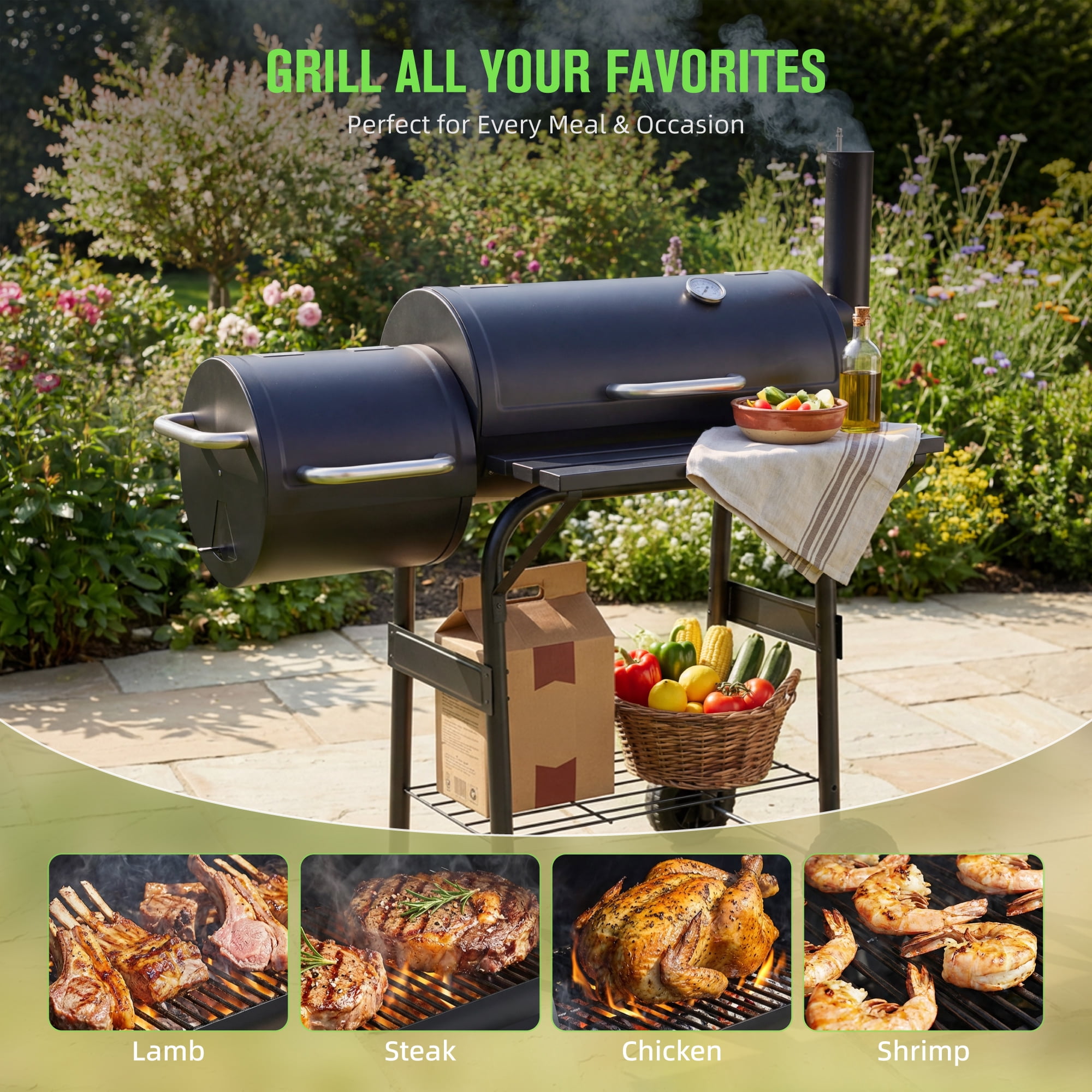 Vebreda Charcoal Grill with Offset Smoker, Heavy-Duty BBQ Barrel Grill for Outdoor Patio Cooking (Black, 44 in) ob4sj