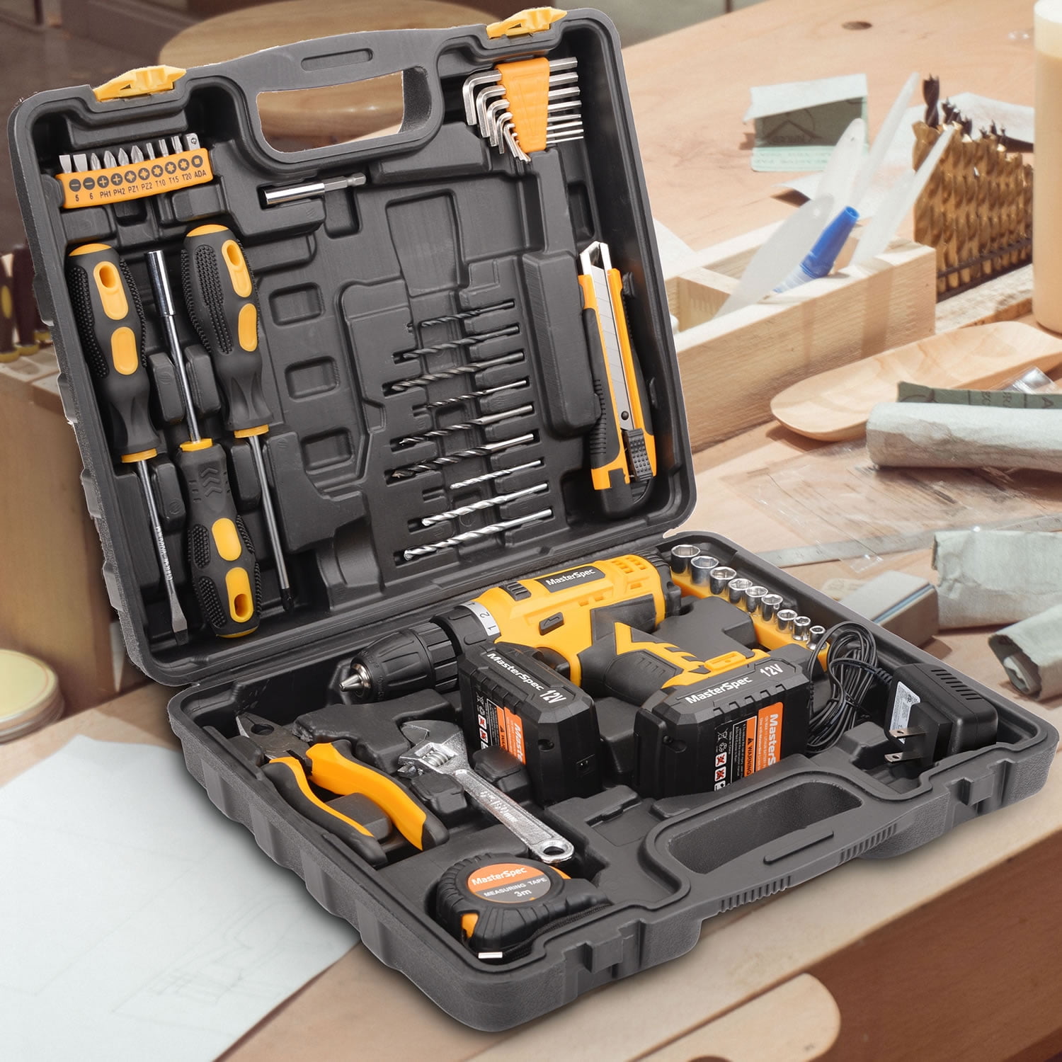 MasterSpec 12V Cordless Drill Driver Kit with 2 Batteries and 47PCS Household Hand Tools (Black, 47 Piece Set) p43r3 - Image 8