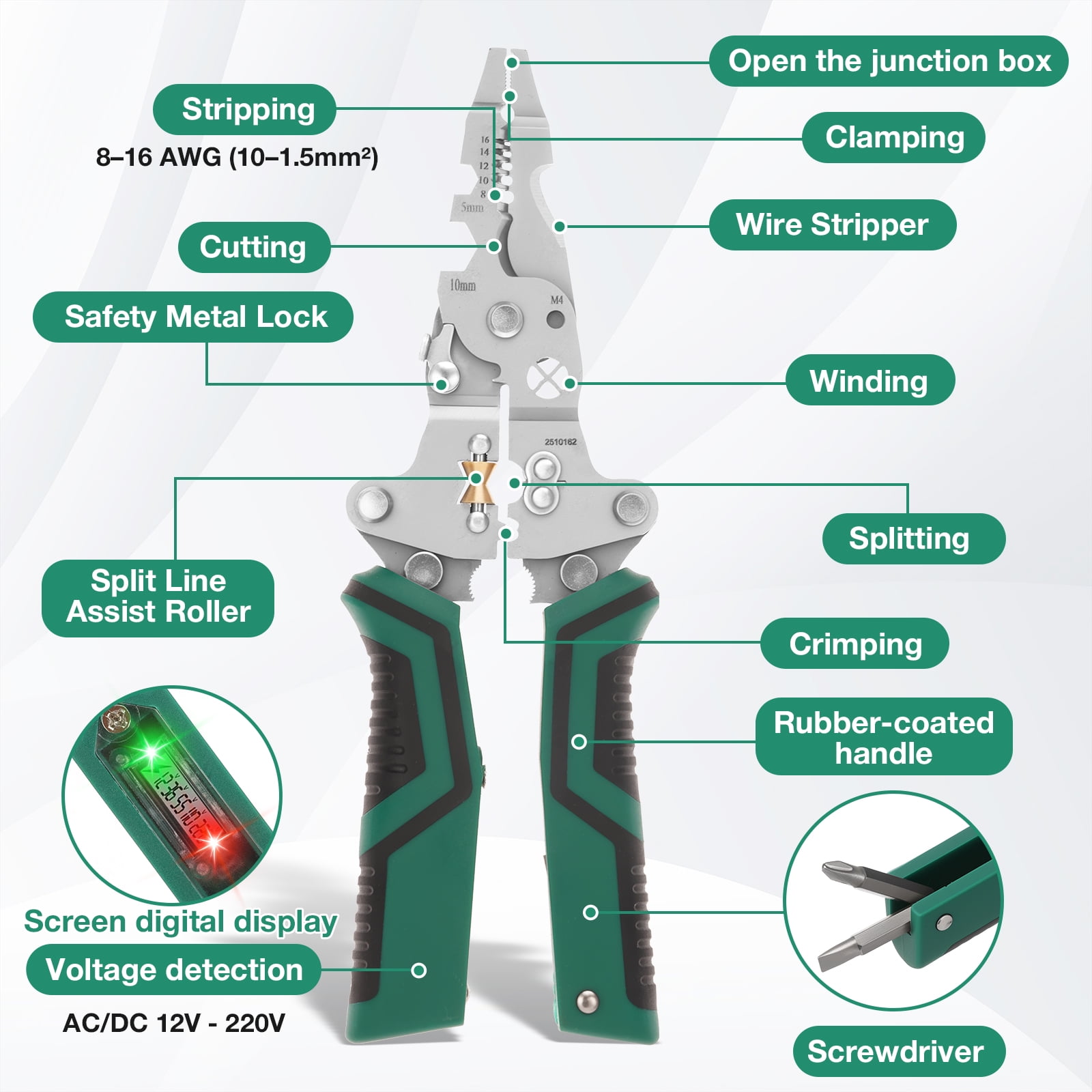 Wakehye 18-in-1 Foldable Wire Stripper with Voltage Tester and Crimping Tool (Green, 8-16 AWG) c1zfn