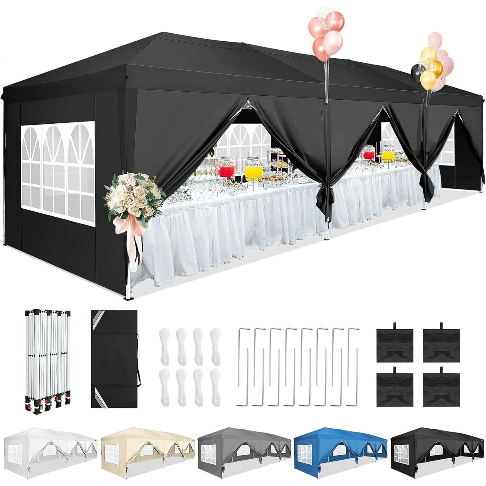 SANOPY 10 x 30 ft Pop Up Canopy Tent, Heavy-Duty Commercial Outdoor Shelter with 8 Removable Sidewalls and Carrying Bag (Black, 10 x 30 ft) oep66