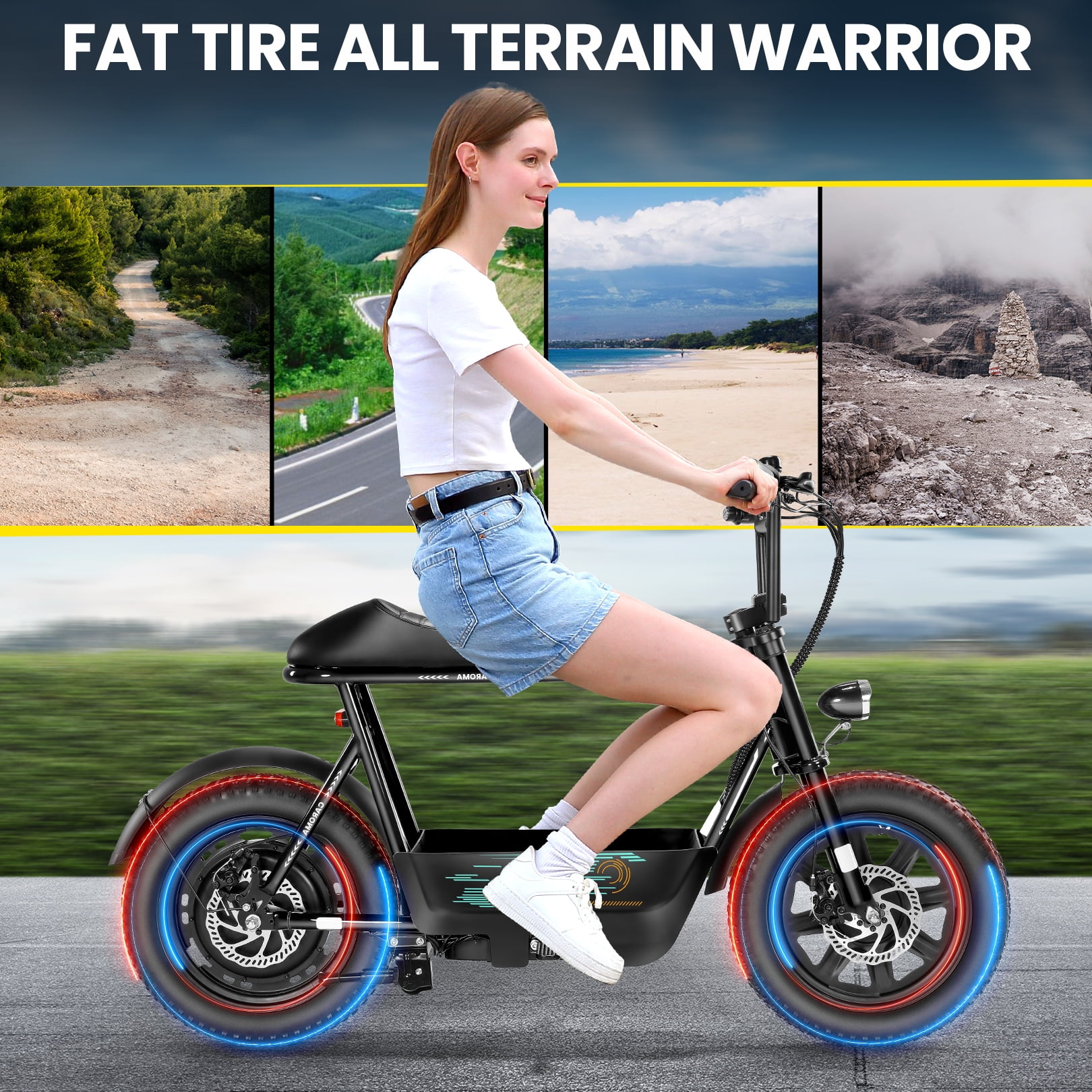 Caroma Electric Scooter with Seat and Basket, 800W Motor, 25 Mile Range, 16 in Fat Tires (Black) ns3hp