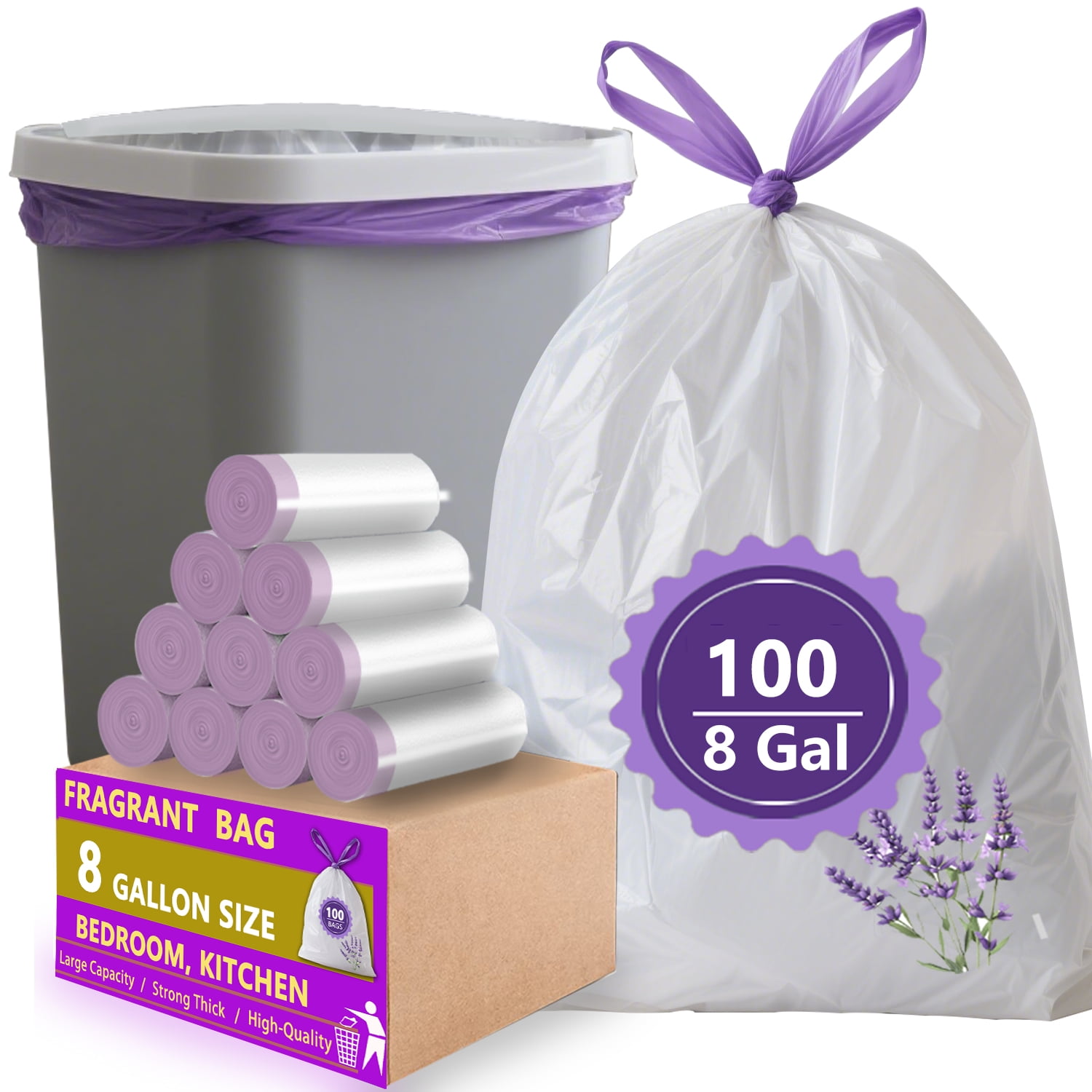 LORIBEN 8 Gallon Trash Bags with Lavender Scent, Tear Resistant Waste Liners for Kitchen and Bathroom (White, 100 Count) jurhw