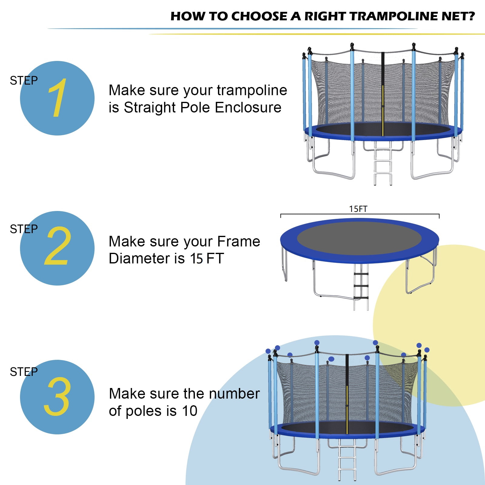 Costway 15ft Trampoline Replacement Safety Enclosure Net (Black, 6ft Height) ebsa7