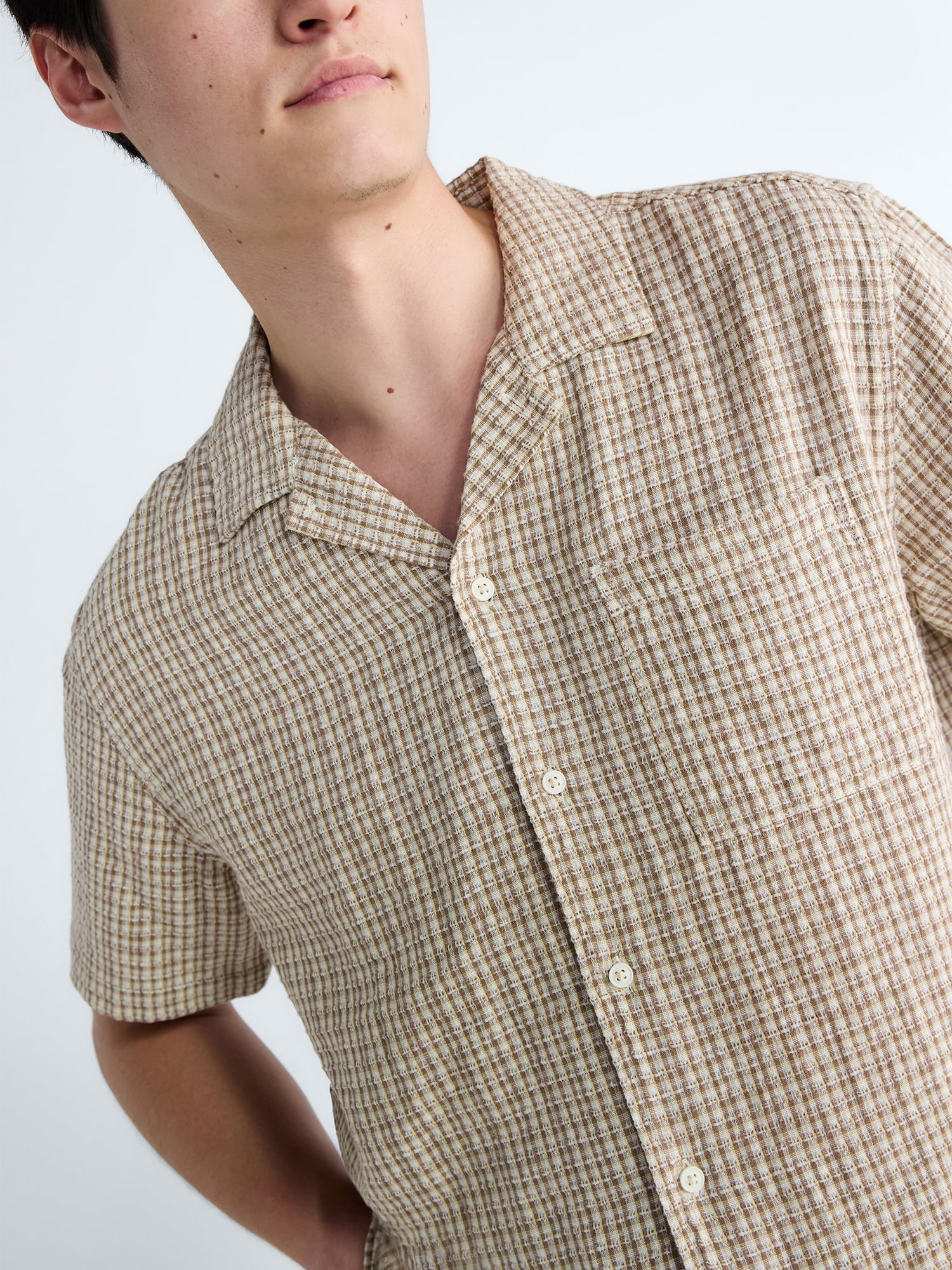 Free Assembly Men's Plaid Textured Cotton Camp Shirt (Brown, S) tvsfk