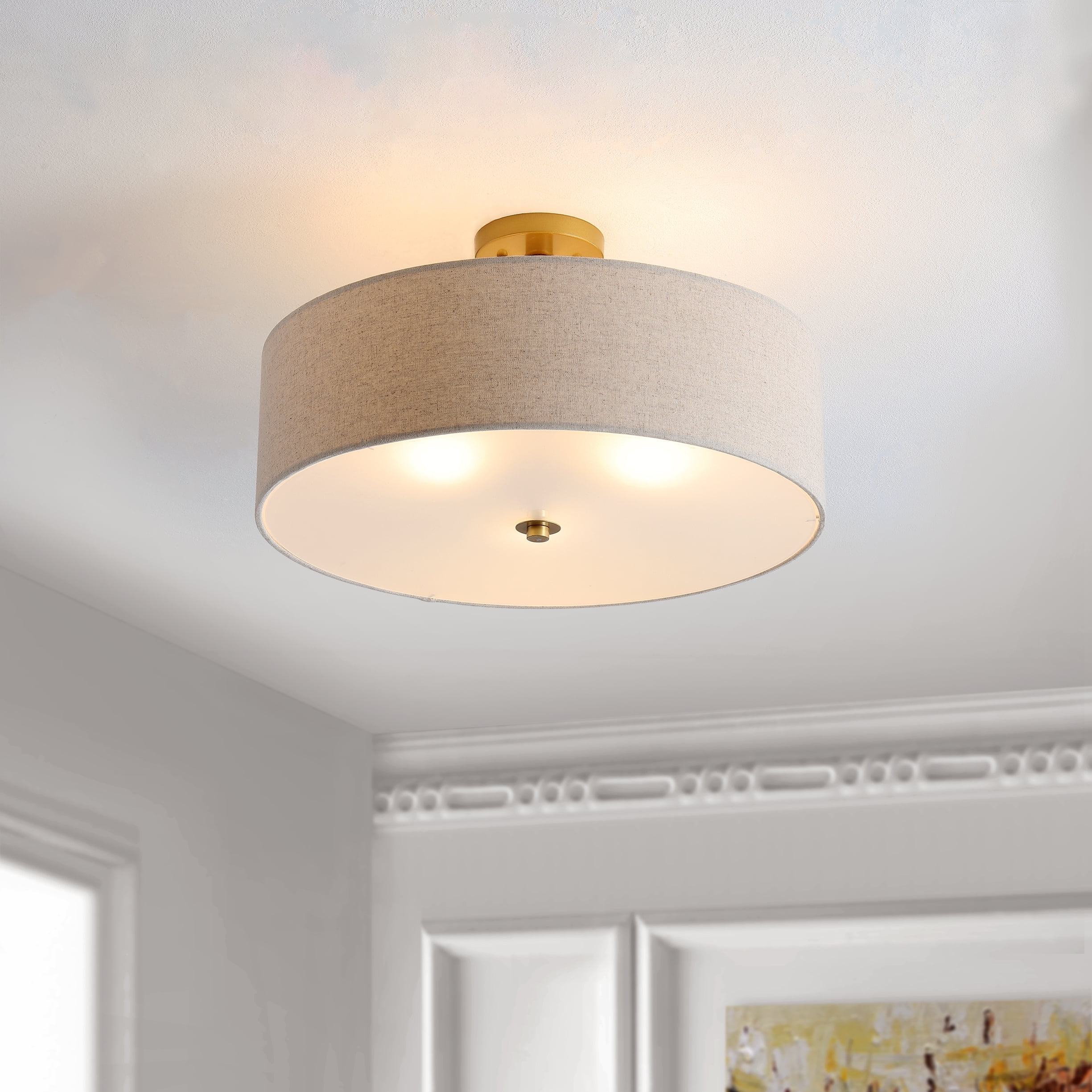Safavieh Jolana Modern 3-Light Flush Mount Ceiling Fixture with Cotton Shade (Gold, 20 in) msjdj