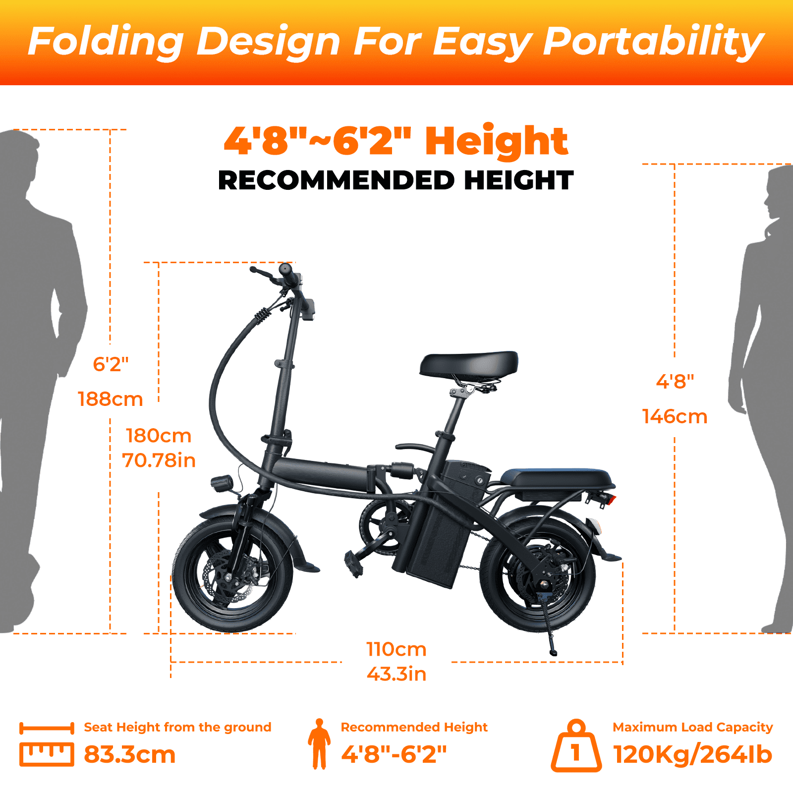 Kunyun T5 Electric Bike 48V 750W Folding Commuter Bicycle with Dual Disc Brakes (Black, 14 in) tc4q2