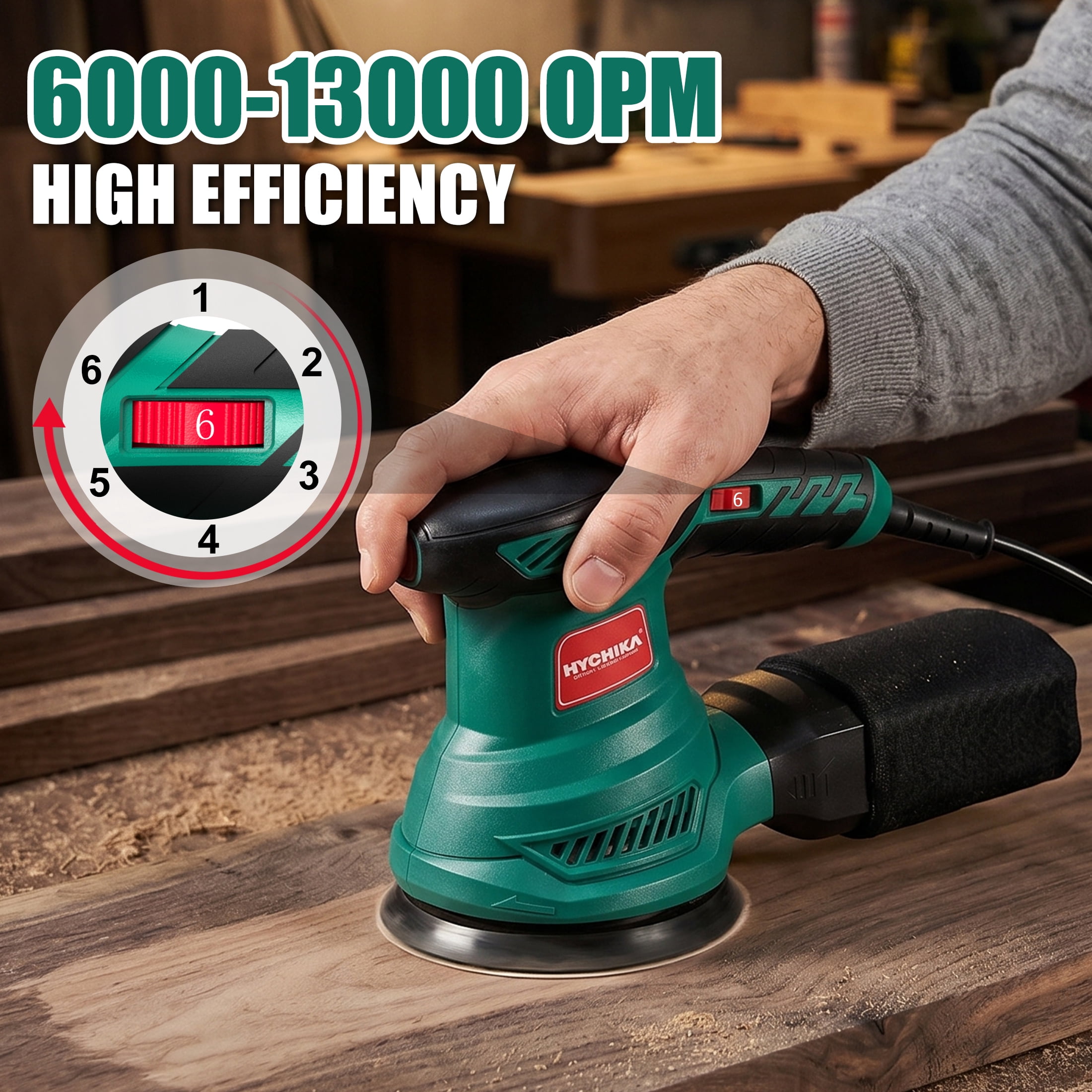 HYCHIKA 5-inch Random Orbital Sander, 6-Speed Variable Control with 12 Sanding Discs (5 in) qrq4l