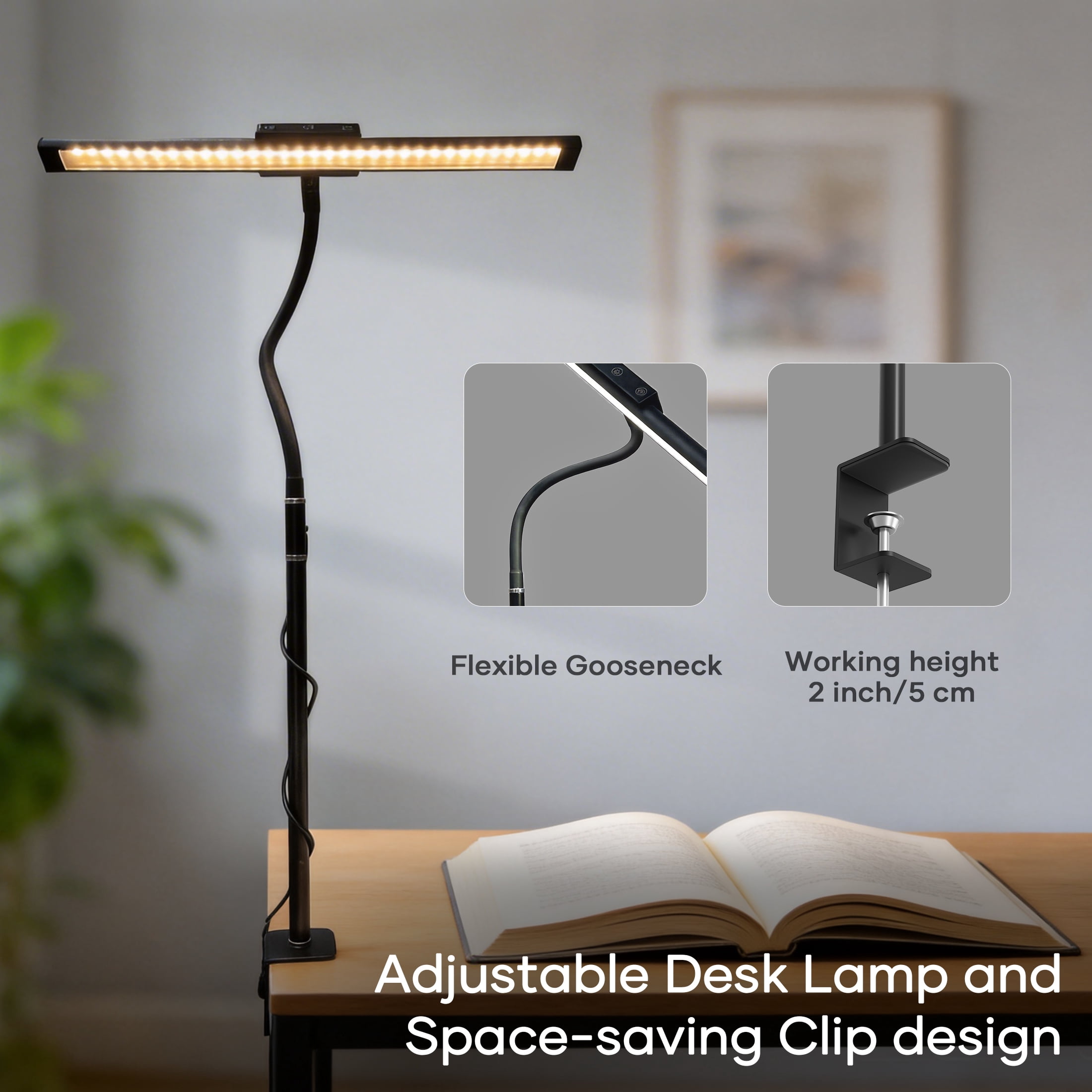 ORFELD LED Desk Lamp with Clamp, Stepless Dimming, Flexible Gooseneck for Office & Home (Black, 17 in) flcx4