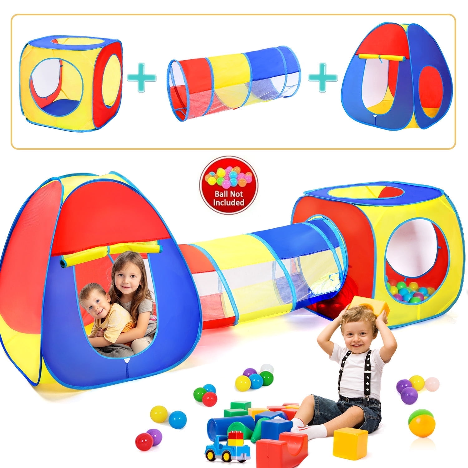 JoyStone Kids Pop Up Play Tent and Tunnel Set, Collapsible Indoor and Outdoor Jungle Gym (Multicolor, 3-Piece Set) 43nip